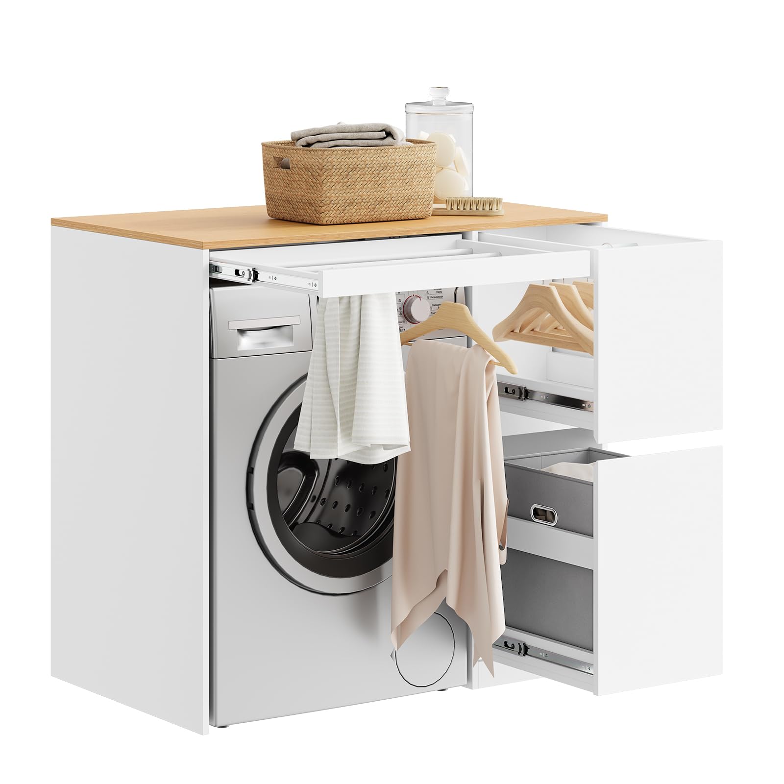 SoBuy Mueble Lavadora con Cesto para Ropa 100x60x95 cm Lavandería y Baño | Mueble sobre Lavadora, Estantería con Tendedero Extraíble, Armario Blanco y Madera BZR223-WN