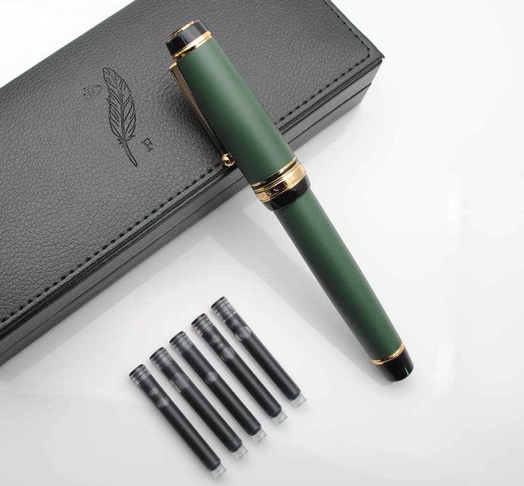 Ensemble de stylo-plume en métal à pointe moyenne 0,7 mm, avec convertisseur de recharge d'encre, 5 cartouches d'encre et coffret cadeau (pointe moyenne 0,7 mm, vert mat)