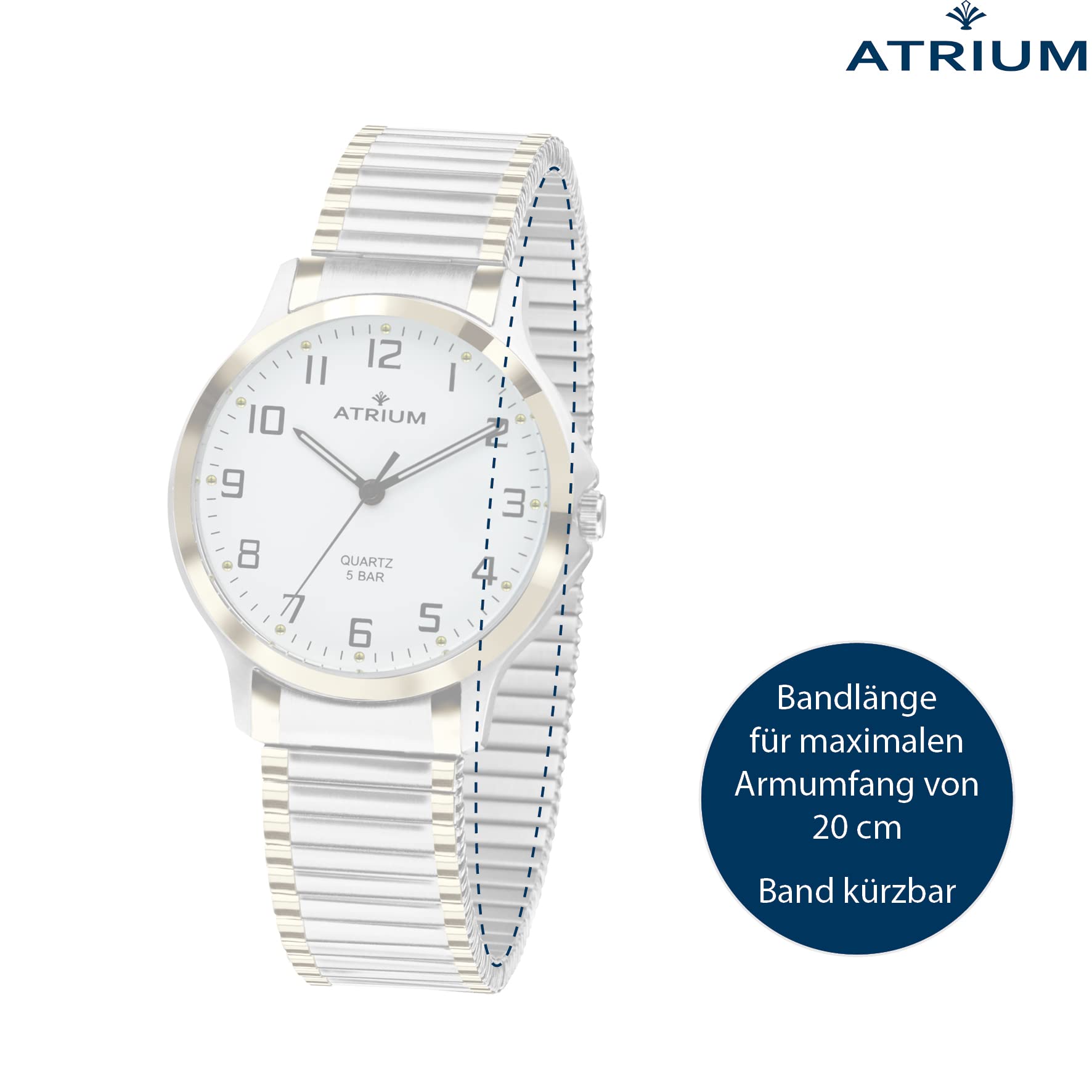 Atrium Damenuhr Zugband mit Leuchtzeigern Analog Quarz Edelstahl matt und poliertem goldfarbenen Rand 5 bar Flexband Bicolor A13-64