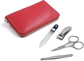 GERMANIKURE 4pc Travel Manicure Set: Handmade FINOX Stainless Steel Nail Clipper, Cuticle Scissors, Slanted Tweezer, Glass File in Leather Case - Solingen Germany