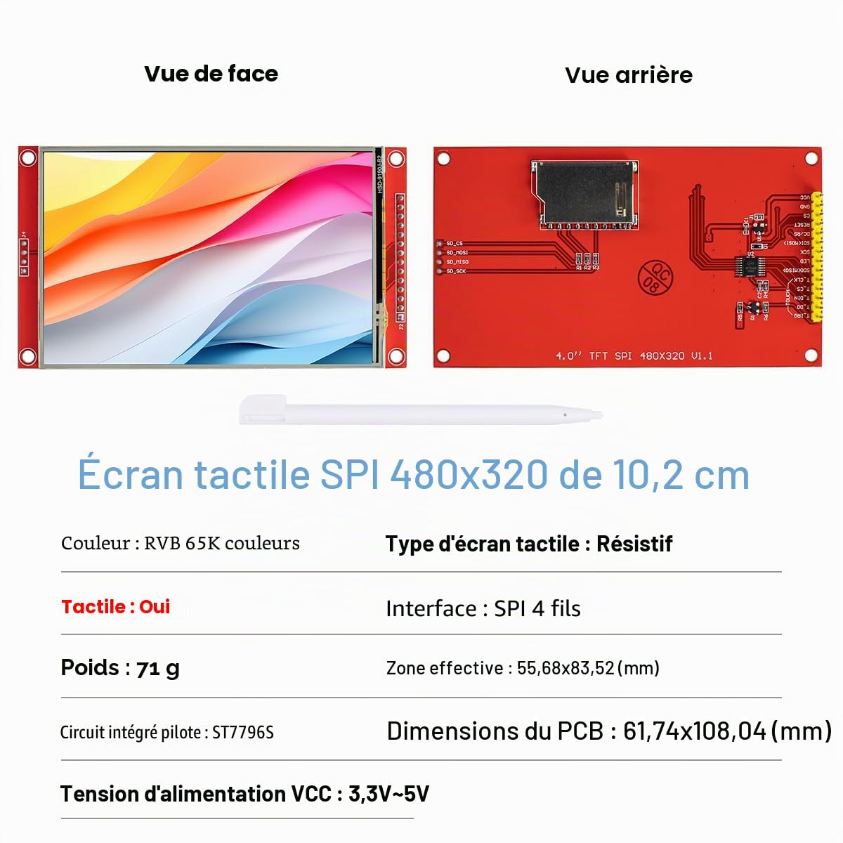 LAFVIN Écran tactile TFT LCD de 4,0 pouces 480x320 SPI Série ST7796S avec stylet tactile Compatible avec Arduino