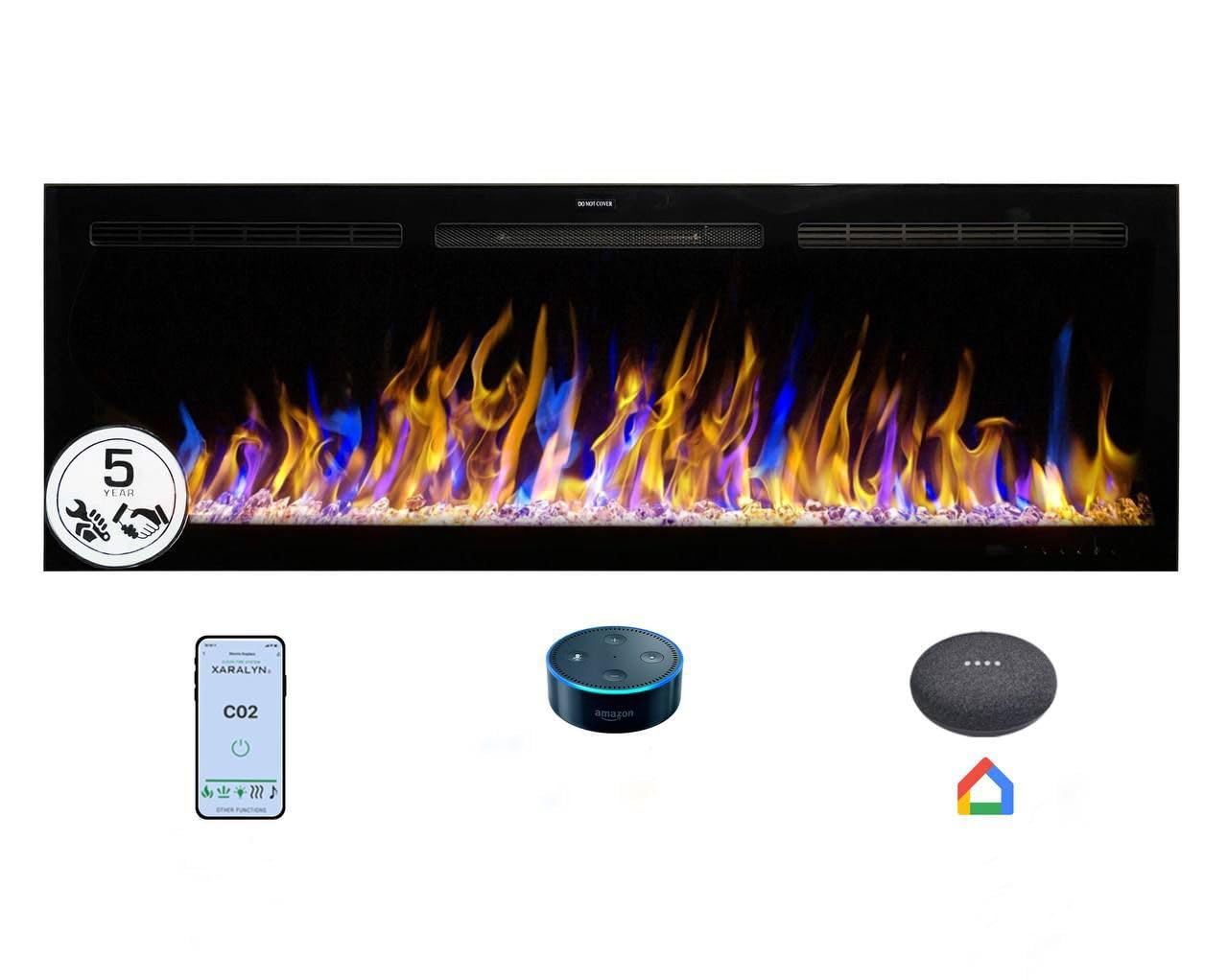 Chimenea Eléctrica WiFi Crystal 60 Pro, Empotrada o de Pared, Ultradelgada 14 cm, 750/1500 W, 6 Colores de Llama, 13 Colores de Brasas, Control por App, Alexa, Smart Home (152 cm)