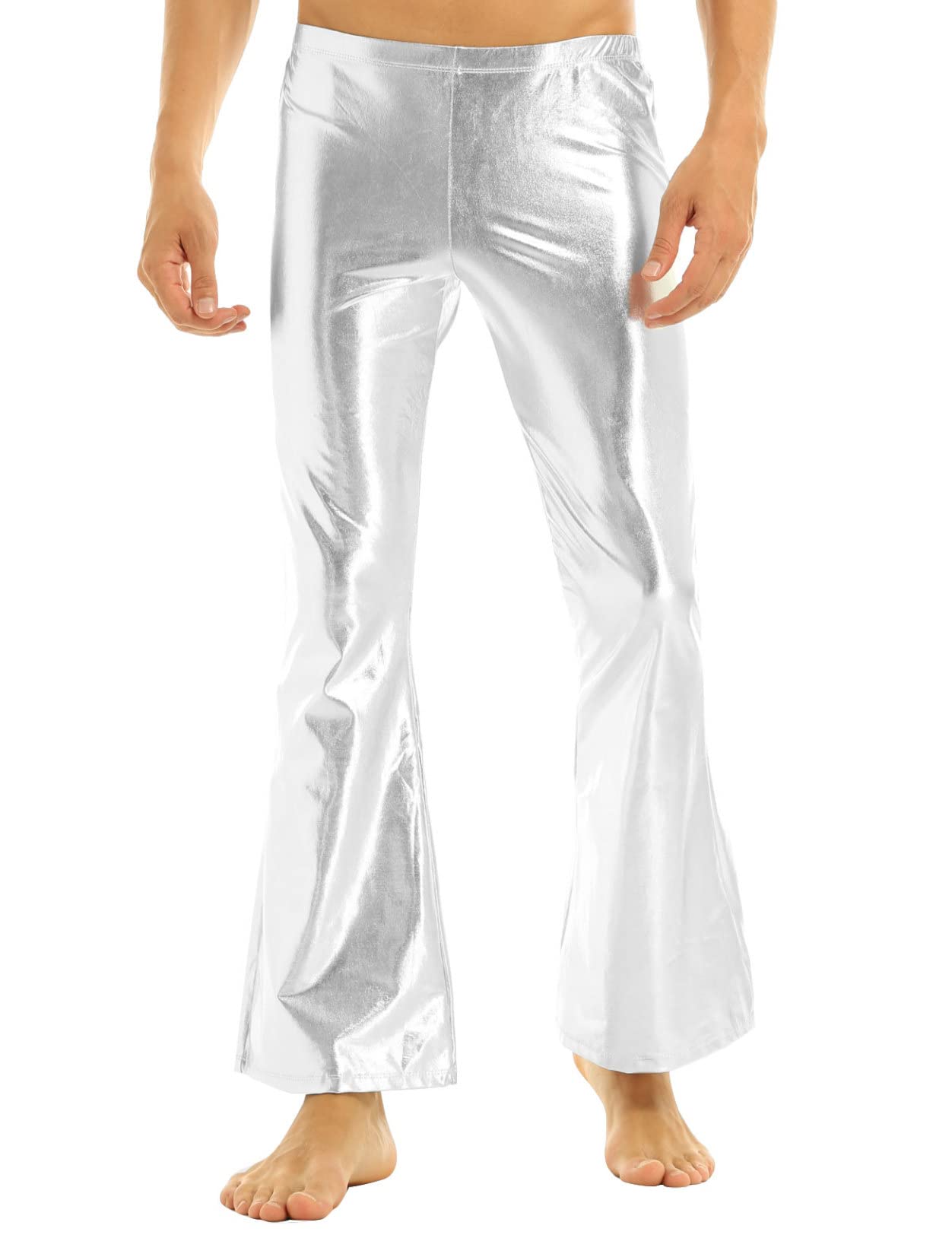 inlzdz Pantalón Retro de Los Años 70 para Hombre Brillante Pantalones Largos de Danza Disco Campana Metálico Ropa Escénica Clubwear