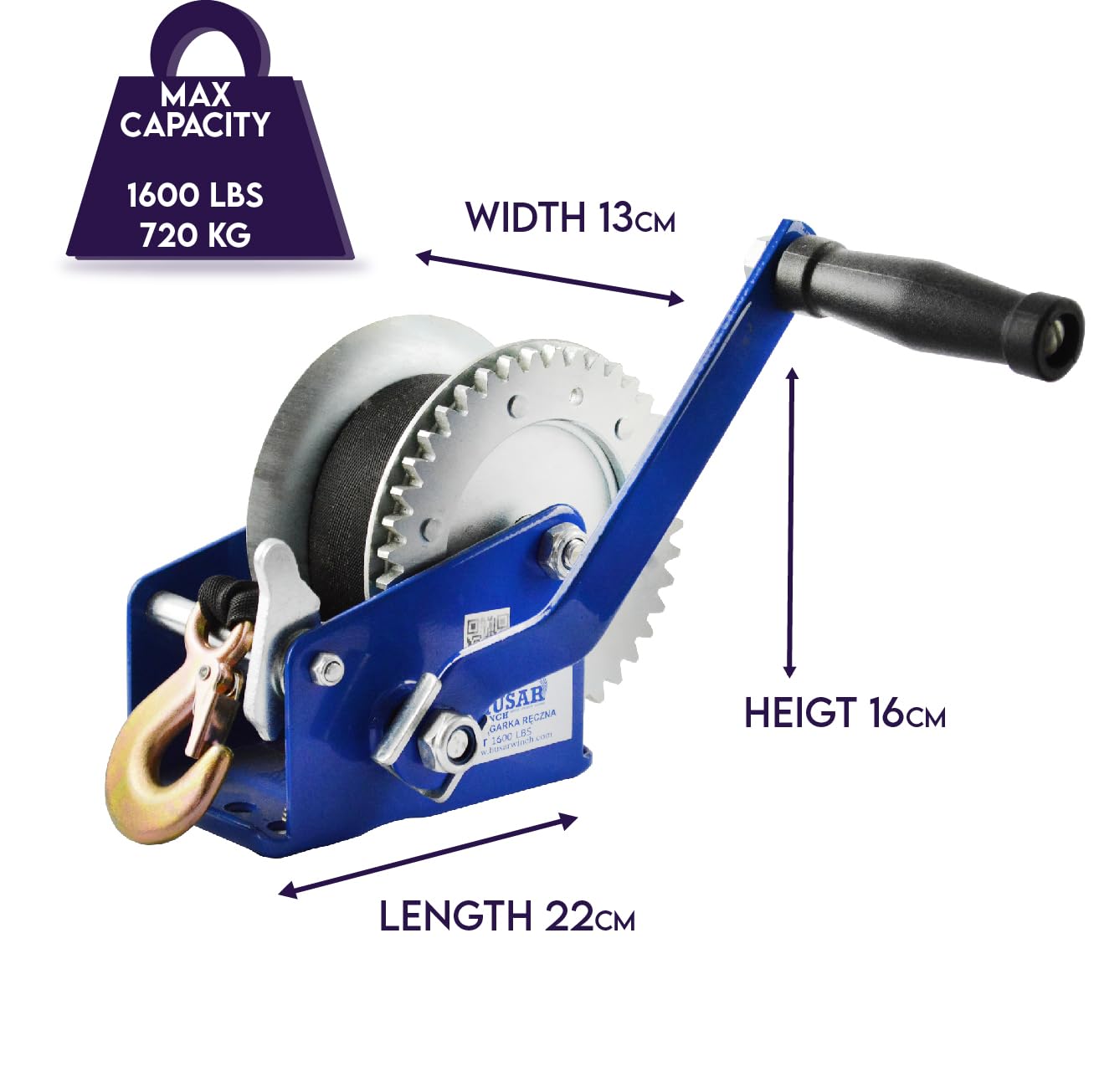 Handseilwinde 1600 lbs 720 kg mit Gürtel 10 Meter 5 cm, Zwangsbremse, doppeltwirkend, verstärkte Stahlzahnräder, Winde für Boote, Anhänger, Industrie
