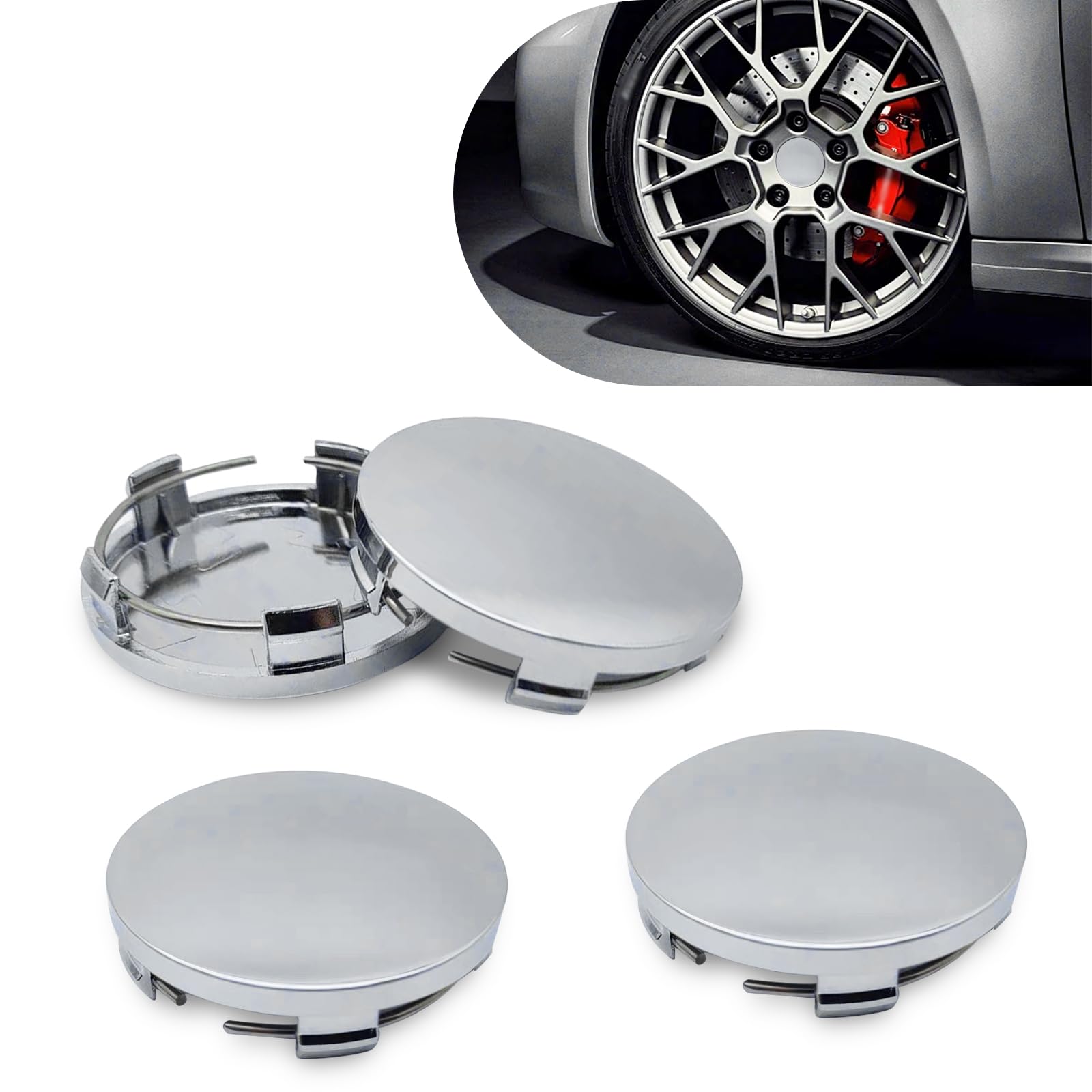 4 PCS Car Hub Center Decorative Cover, ABS + Anti-Rust Steel Ring Anti-Fall Fastening Hub Protective Cover, 60MM/2.36 in Outer Diameter and 56MM/2.2In Inner Diameter (Silver)