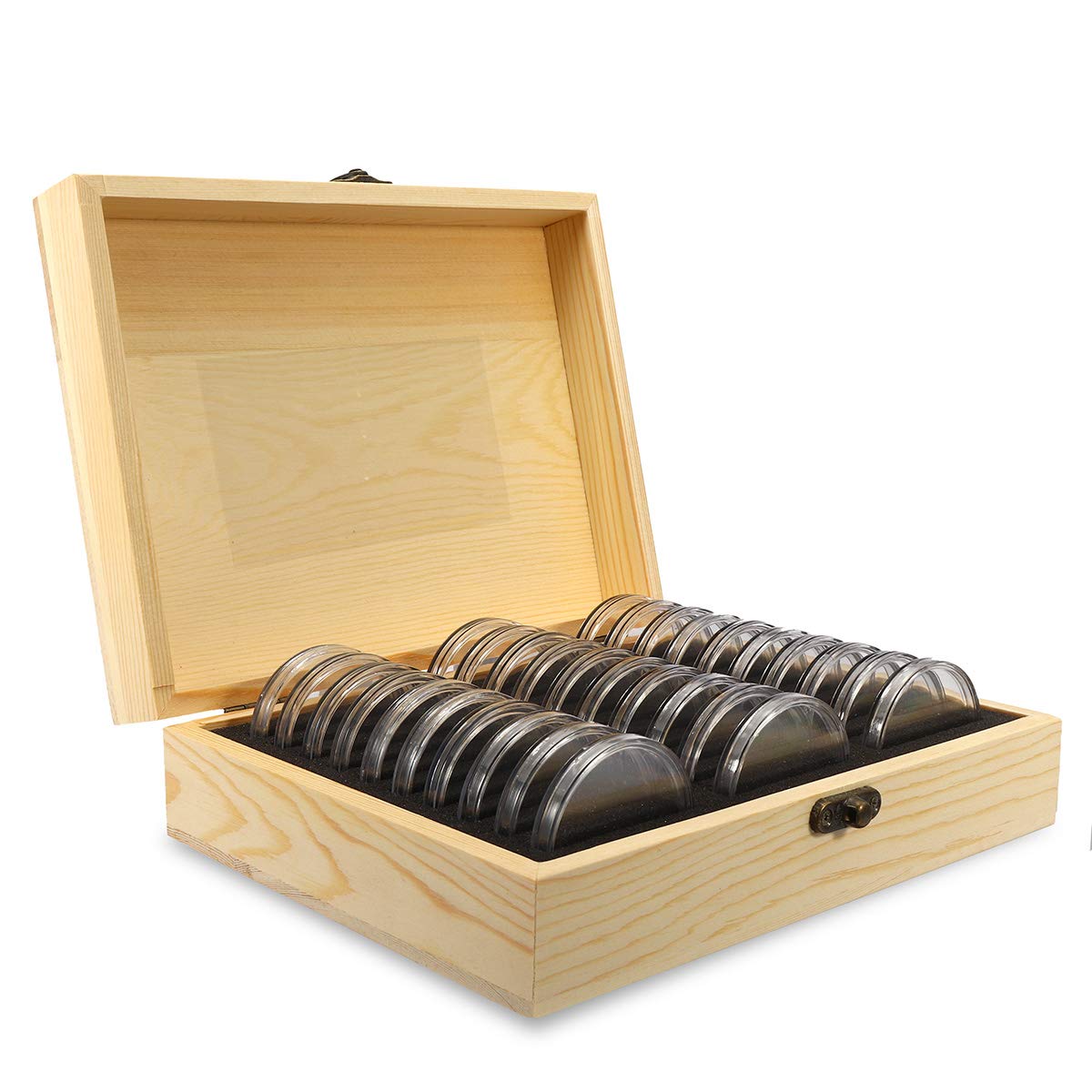 CCChaRLes Caja De Madera Del Soporte De La Pantalla De La Moneda Con 30Pcs 51.5Mm Redondo Losa Certificadas Cápsulas