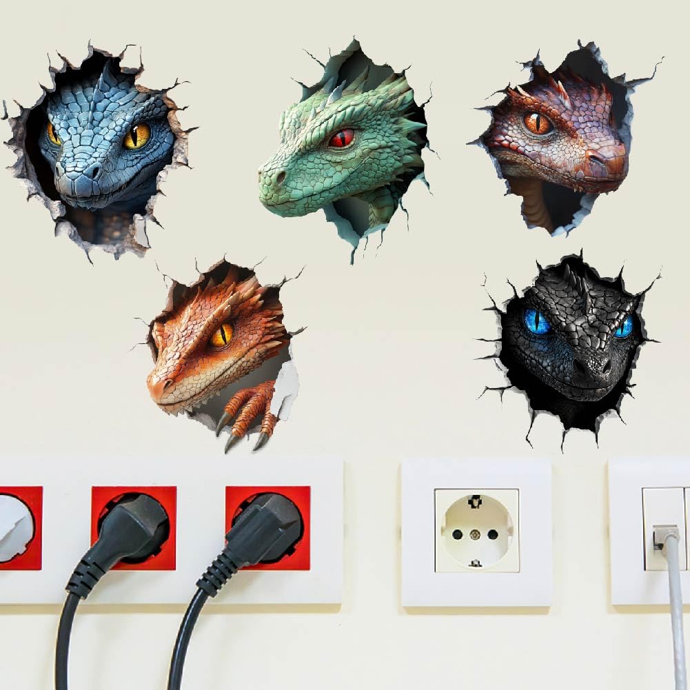 SUPERDANT 3D Wall Stickers Dragon Probes 3D Break Wall Decals Dragon Head Peel and Stick Nursery Stickers for Boys Kids Room Bedroom Playroom Wall Decor