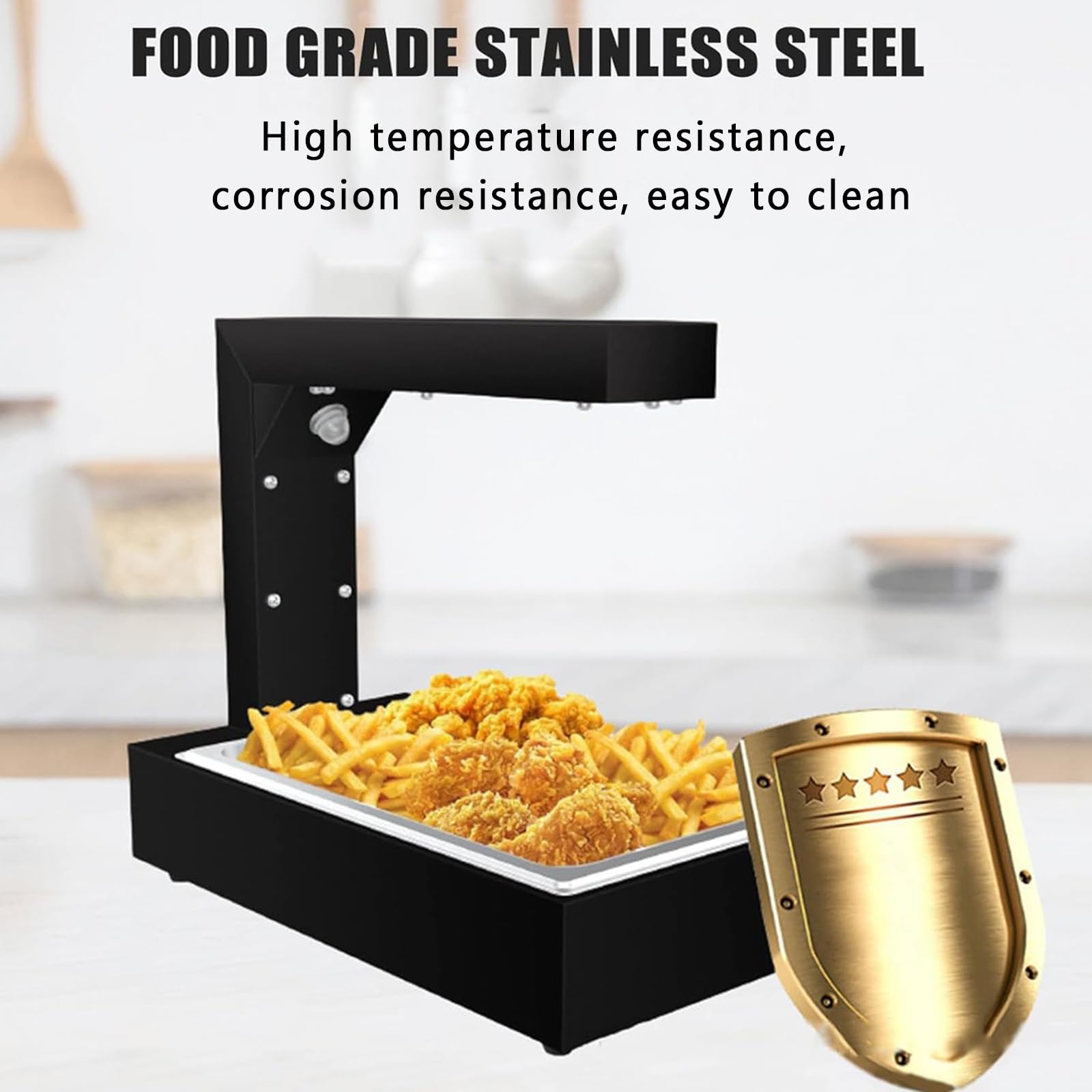 Stazione riscaldante per alimenti in acciaio inox con lampada riscaldante, ideale per catering, eventi e uso domestico.
