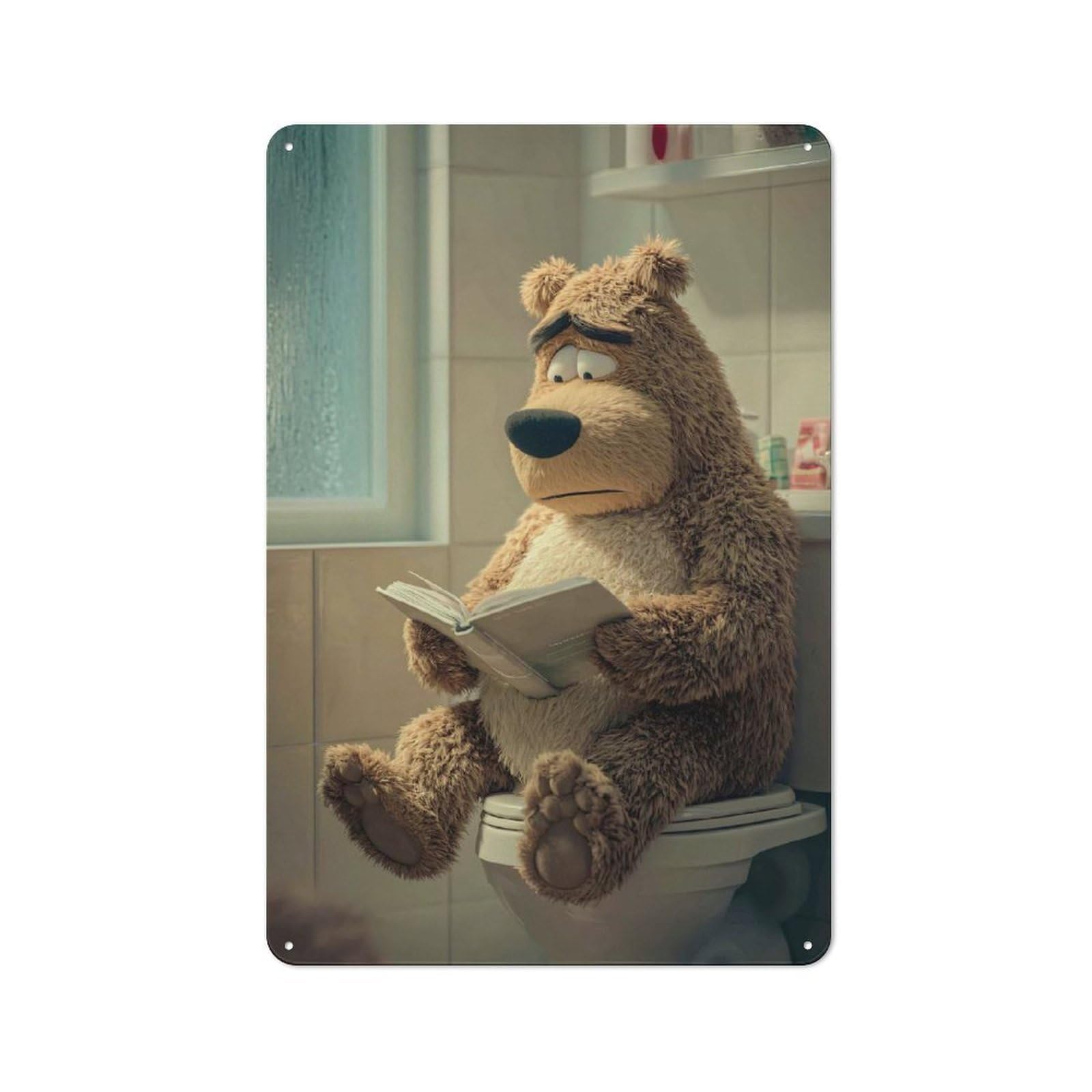Junmoney Style-23 Rustic Vintage Metal Sign 30X20cm Featuring Sad Bear Reading On Toilet, Home Bar Decor For Cafe, Pub, Workshop Or Home Bar