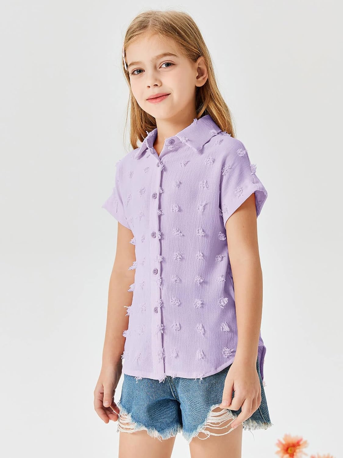 Haloumoning Girls Button Down Shirts Short Sleeve Kids Casual Chiffon Blouse Summer Tops T-Shirt 9-10 Years Purple image 4 of 6 B0D2Z4BK54
