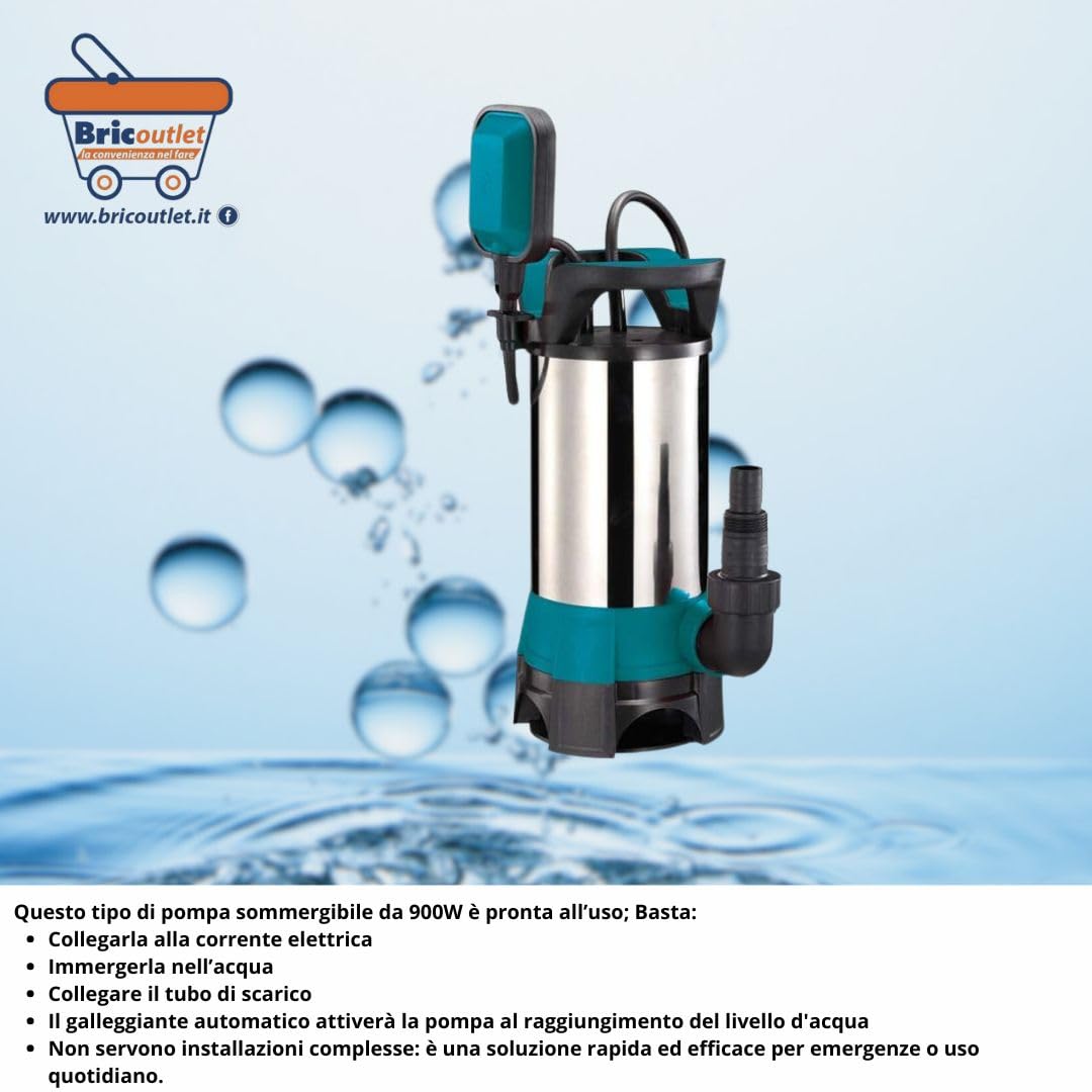 Pompa Sommergibile Acque Chiare e Scure 900W Inox – Elettropompa da Pozzo, Drenaggio Cantine, Giardini, Serbatoi | Alta Portata, Galleggiante Automatico, Corpo in Acciaio Inox