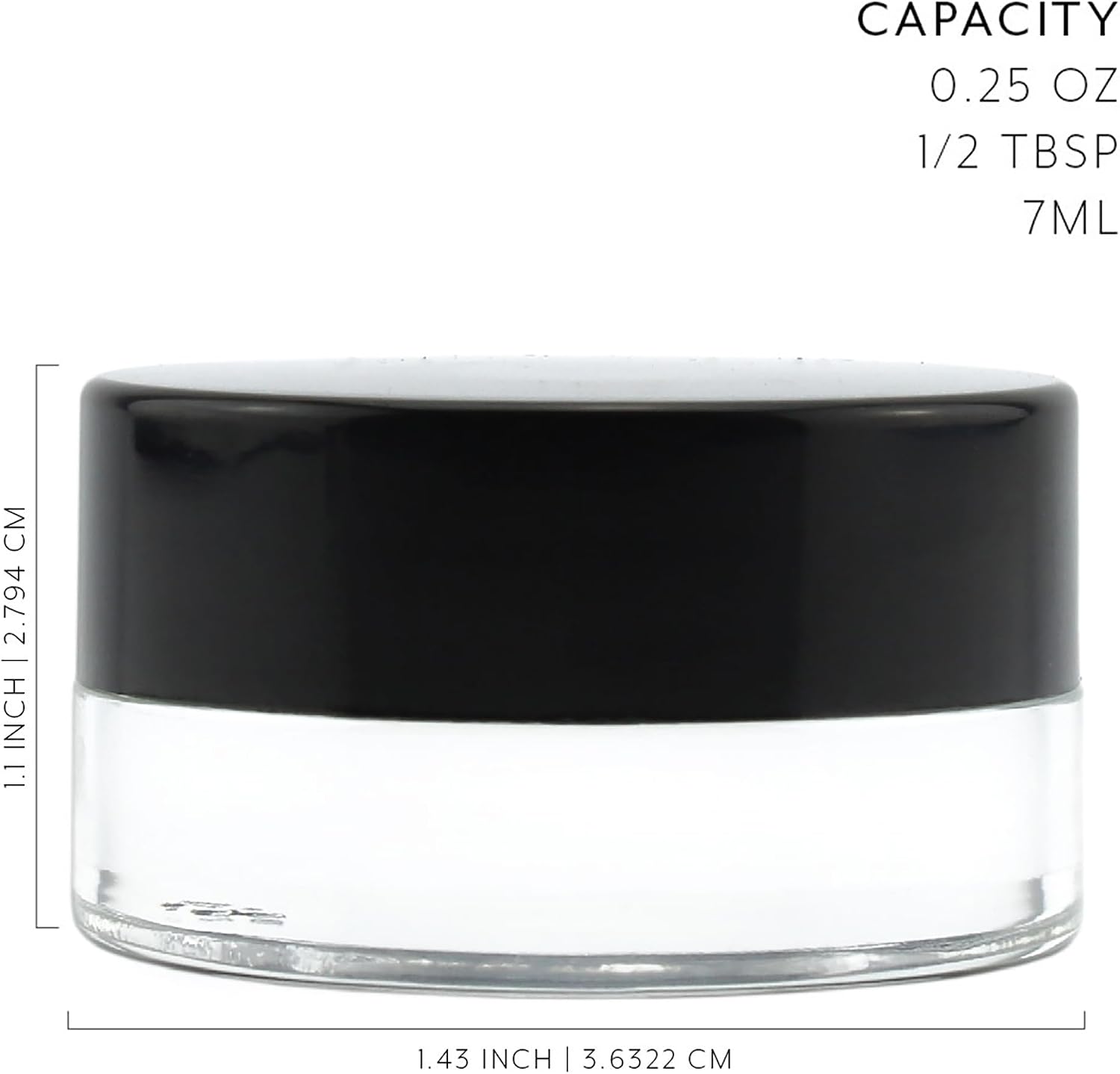 Cornucopia 7-Milliliter Clear Glass Balm Jars (12-Pack); 1/4 oz Cosmetic Jars with Lined Black Plastic Lids
