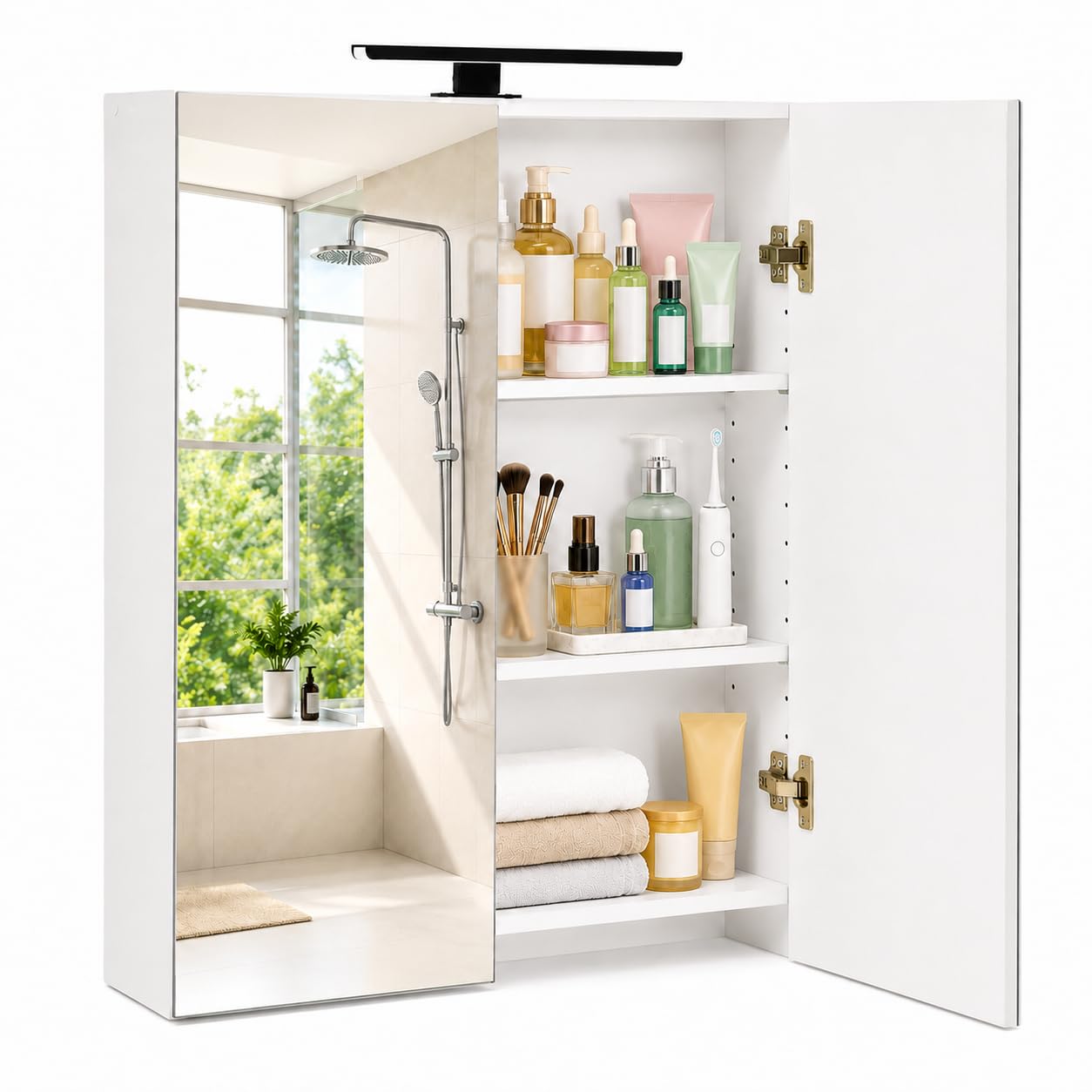 Mueble de Baño con Iluminación LED，Armario de Baño con Espejo, MDF, 60 x 16,5 x 70 CM, Estantes Ajustables, para Baño y Aseo, Blanco