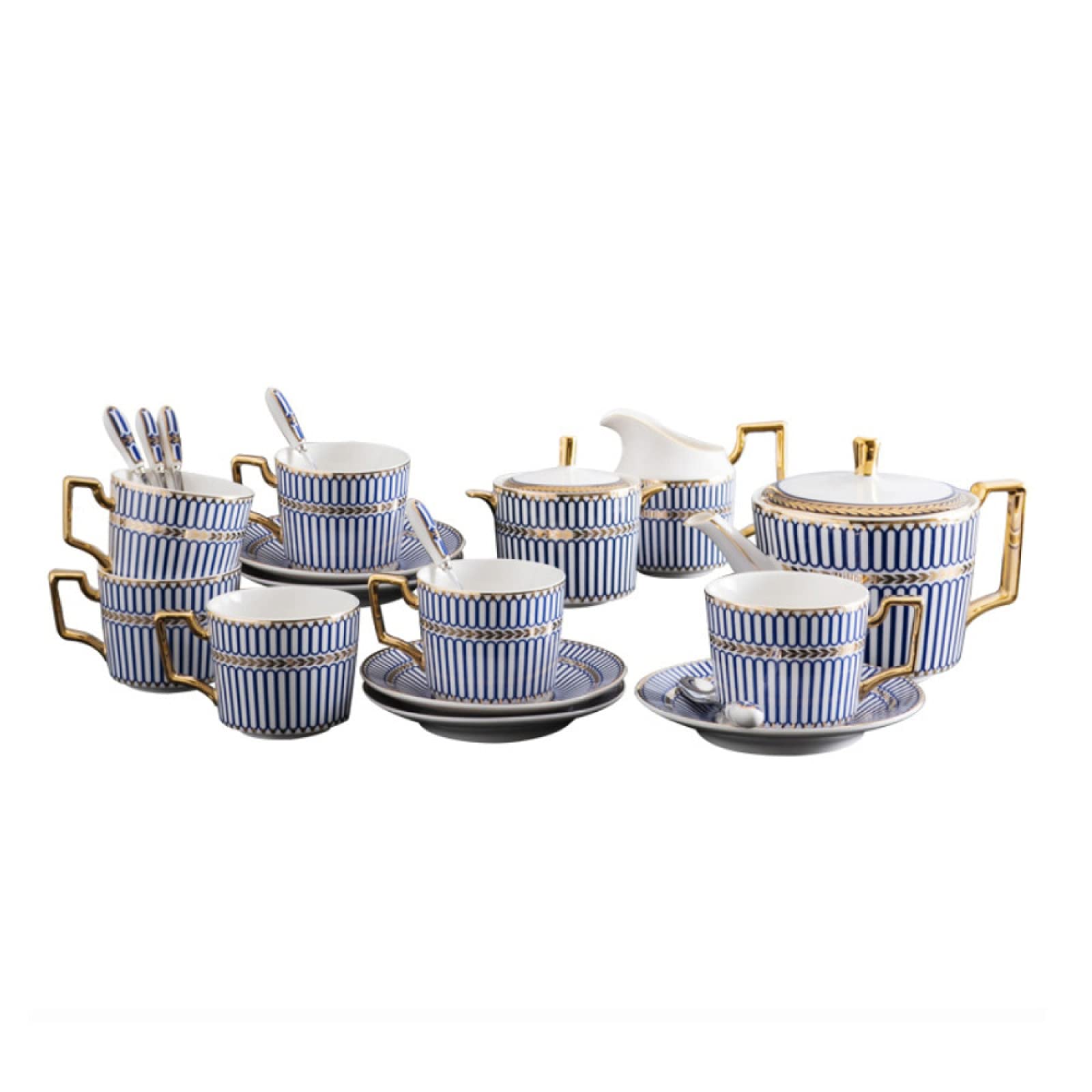 15-częściowy porcelanowy zestaw do herbaty, zestawy filiżanek i spodków kawy, serwis herbaciany w niebieskie paski z dzbankiem, cukiernica, dzbanek na śmietankę, łyżki