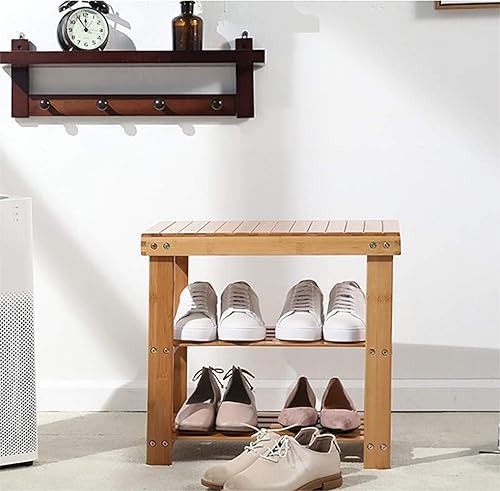 Dporticus Banco de zapatos de bambú de 2 niveles para almacenamiento de botas, estante organizador de silla, asiento para entrada, pasillo, sala de