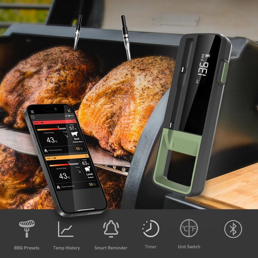 Termómetro Inalámbrico para Alimentos y Carne, Termómetro Digital Inteligente para Barbacoa con Bluetooth para Cocina, Horno, Parrilla con 2 Sondas