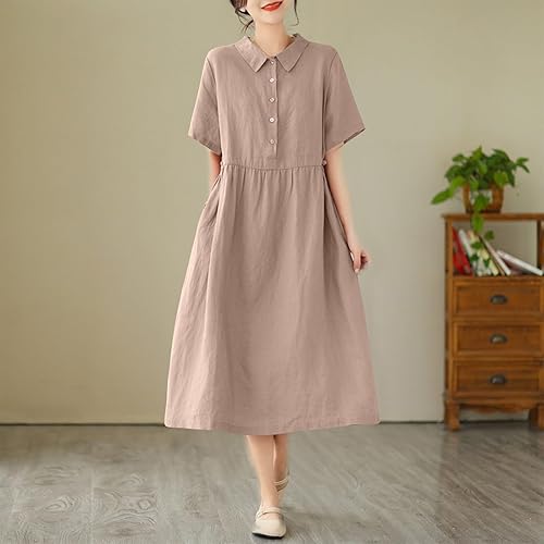 Women's Turndown Collar Flowy Midi Dress 2025 Summer Short Sleeve Cotton Linen Button Down Shirt Dresses with Pocket(Coffee,X-Large)