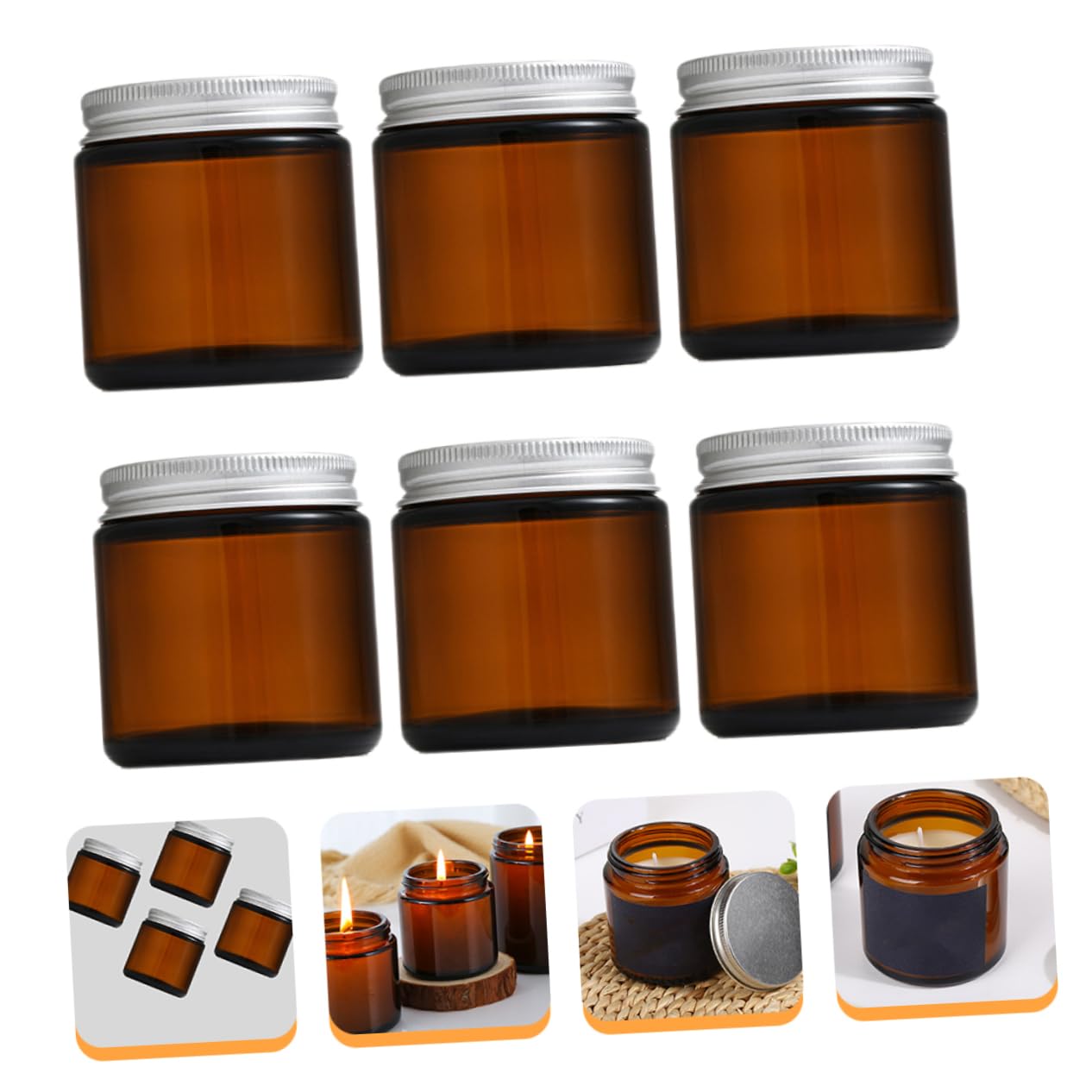 LIFKOME Pots à Bougie avec Couvercles 120g en Alliage D'aluminium, Récipients Remplissables 6pcs en Verre Marron pour Fabrication de Bougies Artisanales