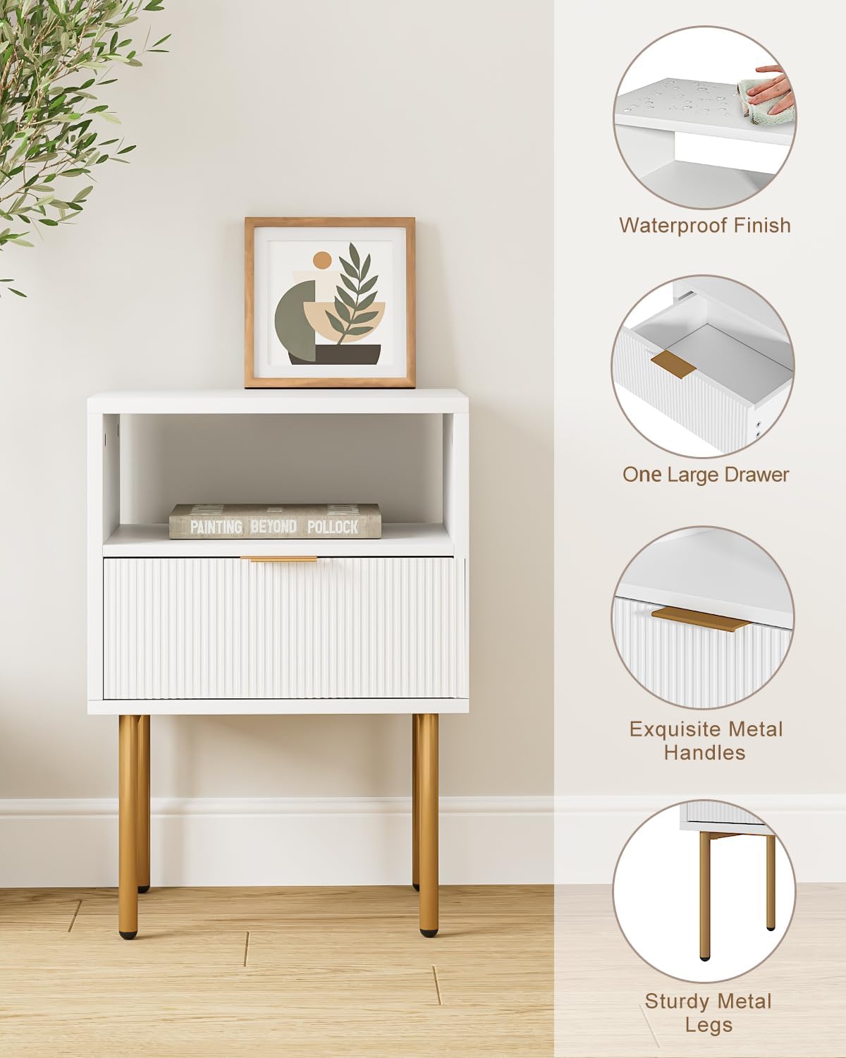 Nightstand, Modern Bedside Table with 1Drawer and Open Shelf,White Night Stand with Gold Metal Frame, Small Side Table for Bedroom, Living Room, Slim Spaces