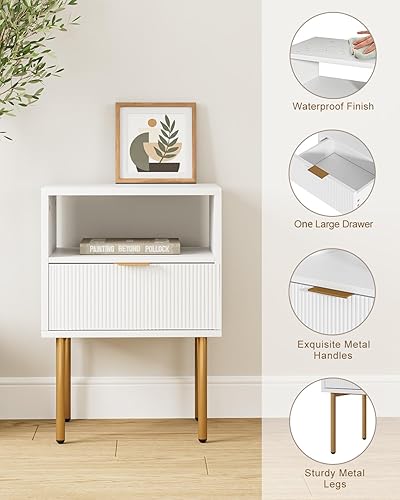 Miniatura 6 de Mesita de noche, mesita de noche pequeña con marco dorado, mesita de noche blanca, muebles de noche, mesa auxiliar con cajón y estante para