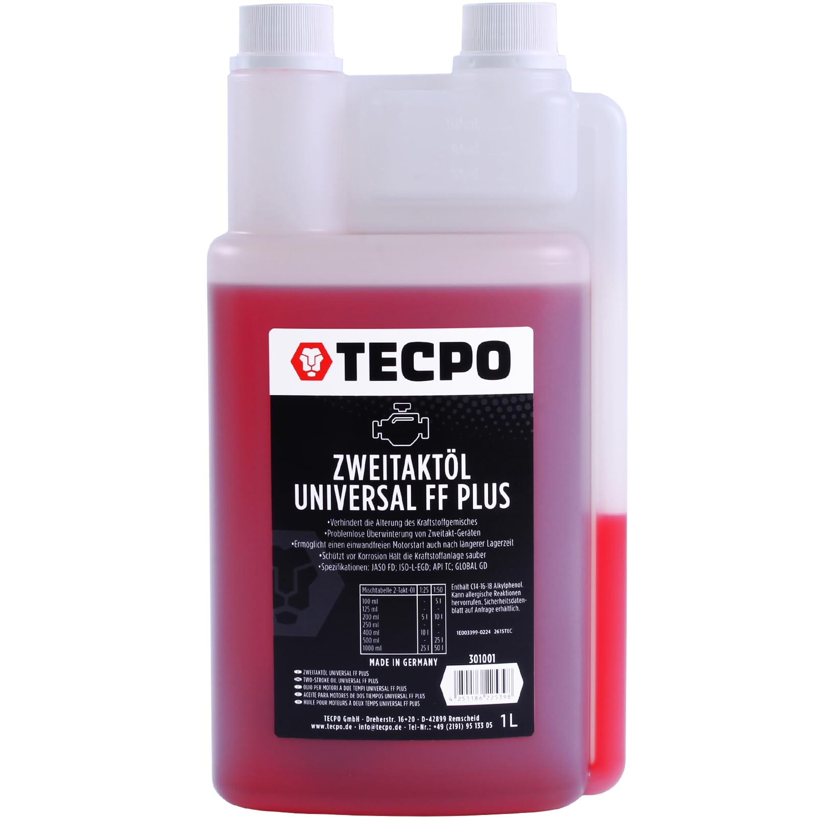 TECPO Zweitaktöl Universal 2-Takt FF Plus, teilsynthetisch, mit Fuel Fresh für Gemisch & Getrenntschmierung für Motorsäge, Rasenmäher, Mofa, JASO FD, ISO-L-EGD, API TC 1:50 mischbar