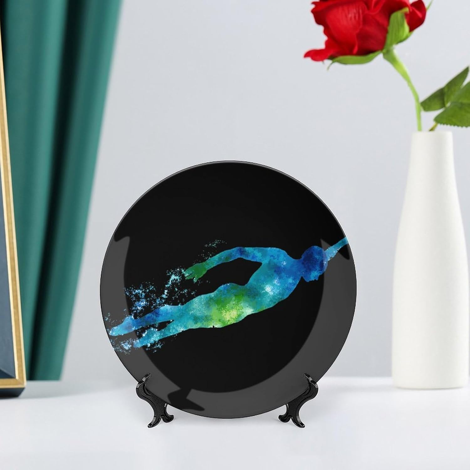 Swim Swimmer Swimming Decorative Plates for Display Ceramic Plate Tray with Stand Hanger Home Decor