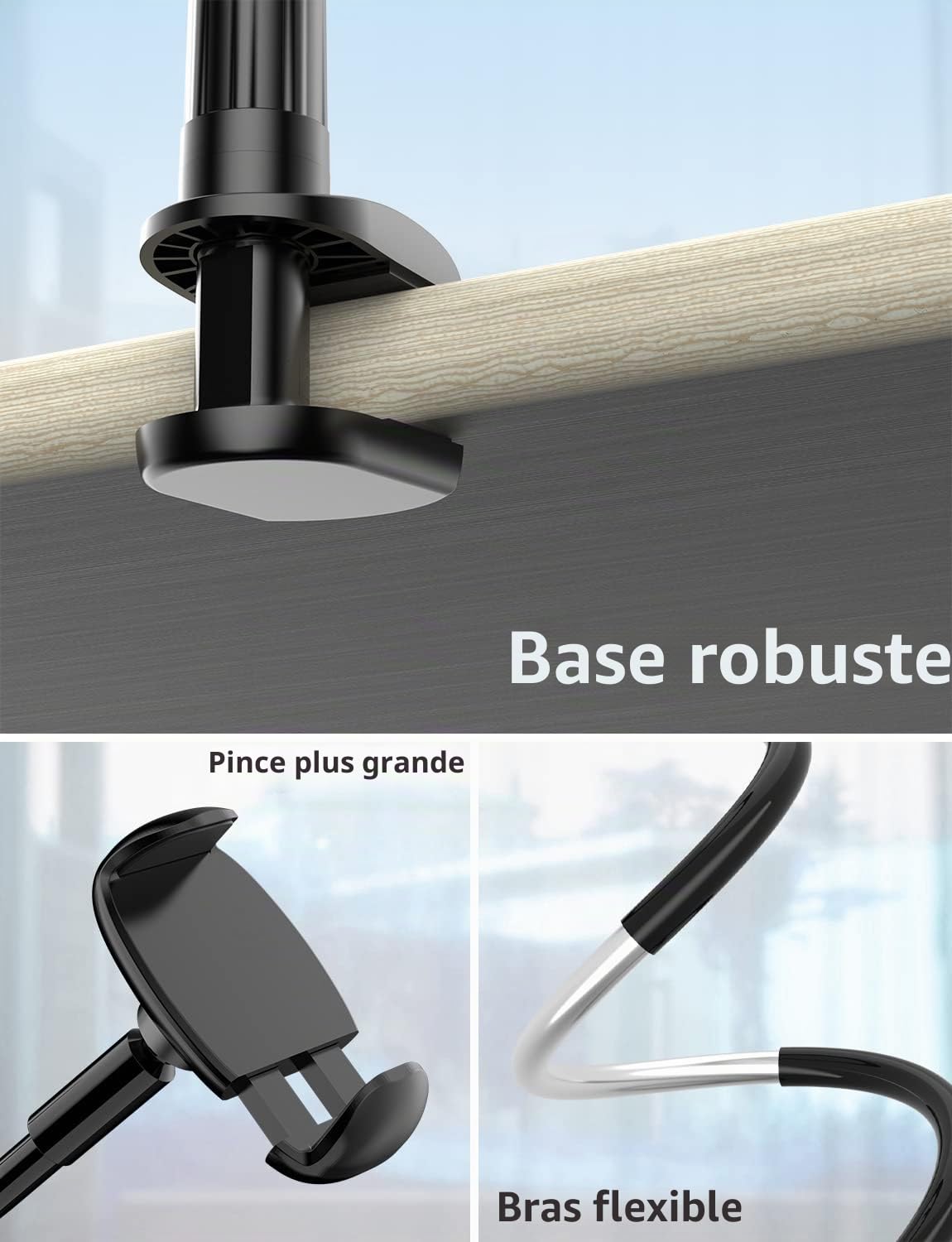 TRYONE Support téléphone avec col de Cygne de, Support de téléphone Pliable Rotation 360° Réglable pour iPhone Series/Samsung/Huawei/Google Pixel et Plus 76 cm de Longueur Totale