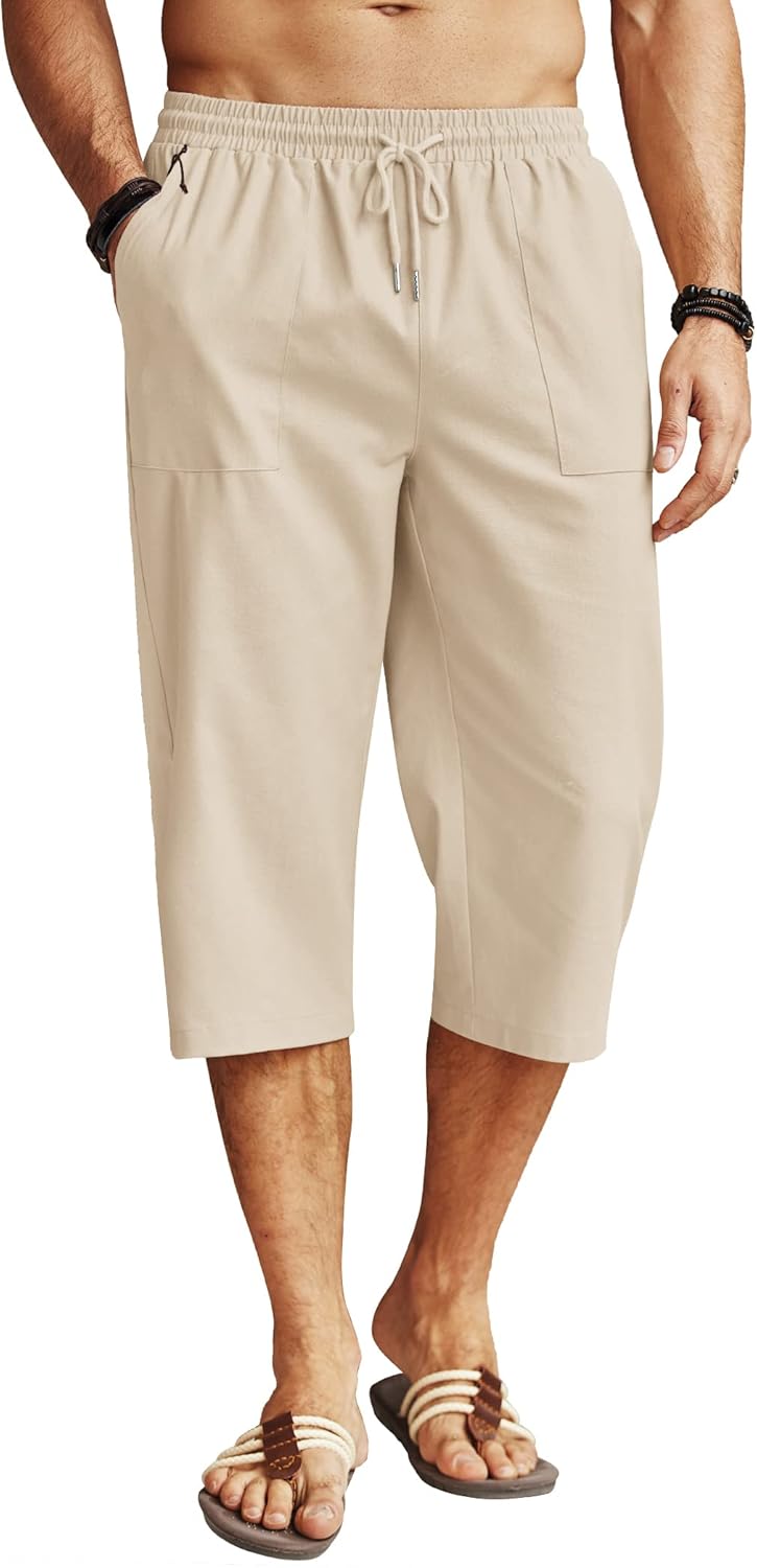 COOFANDY Men’s Linen Capri Pants Casual Lightweight 3/4 Baggy Pants Drawstring Elastic Waist Beach Yoga Pants with Pockets