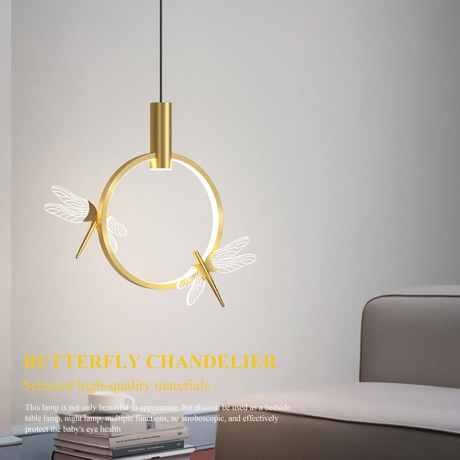 Lamp Lampadario da Comodino a LED Dorato a Forma di Farfalla, Elegante e Creativo, con Corpo in Metallo, Lampada a Sospensione, Luce a Goccia for Cucina, Sala Pranzo, Camera Letto Lampada