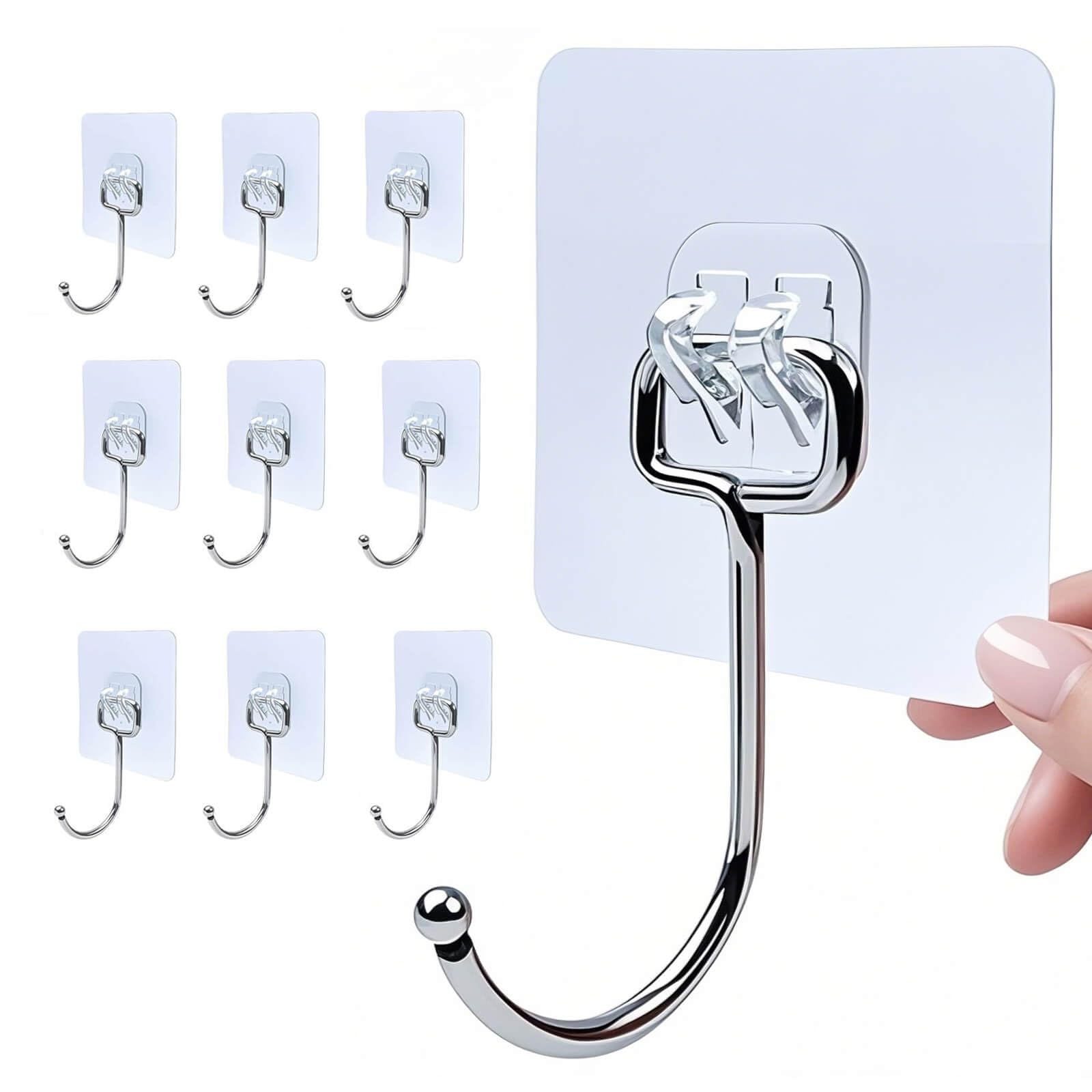 10PCS Self Adhesive Hooks, Upgraded 35 lb/15kg (Max) Strong Sticky Hooks for Hanging Heavy Duty, Damage Free Large Size Clear Stick on Hook for Home Bathroom Kitchen and Office