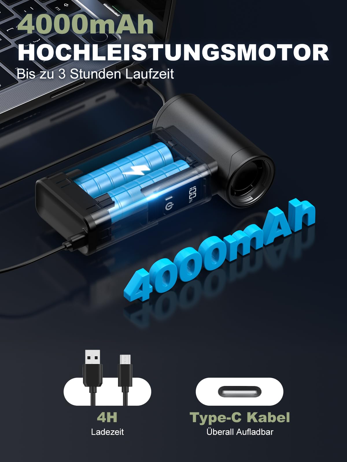 Smiling Shark JE-01 Elektrische Staubgebläse, Wiederaufladbarer Bürstenloser Motor Druckluft Compressed Air Duster aus Aluminum & LED-Display, Kabelloser 4-Gang Dust Blower für PC/Tastatur/Lagerfeuer