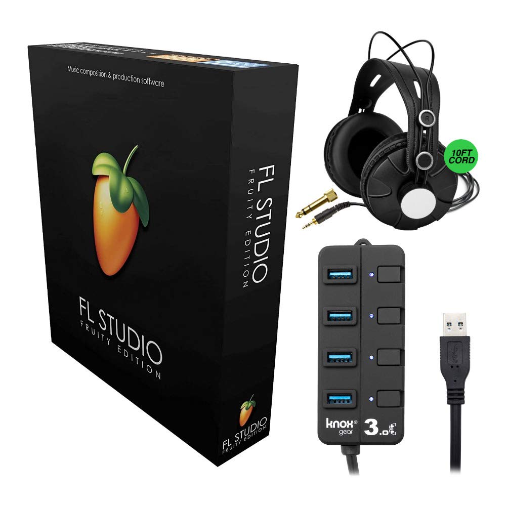 Image Line FL Studio 20 Fruity Edition Software (Boxed) Bundle with Closed-Back Monitoring Headphones and 4-Port USB 3.0 Hub (3 Items)