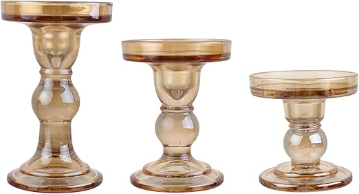3-Piece Set of Amber Glass Candlestick, Crystal Candlestick Holder Holder and Conical Candle, Christmas Candle Holder Decoration, Family Living Room Wedding Candle Holder (Amber)