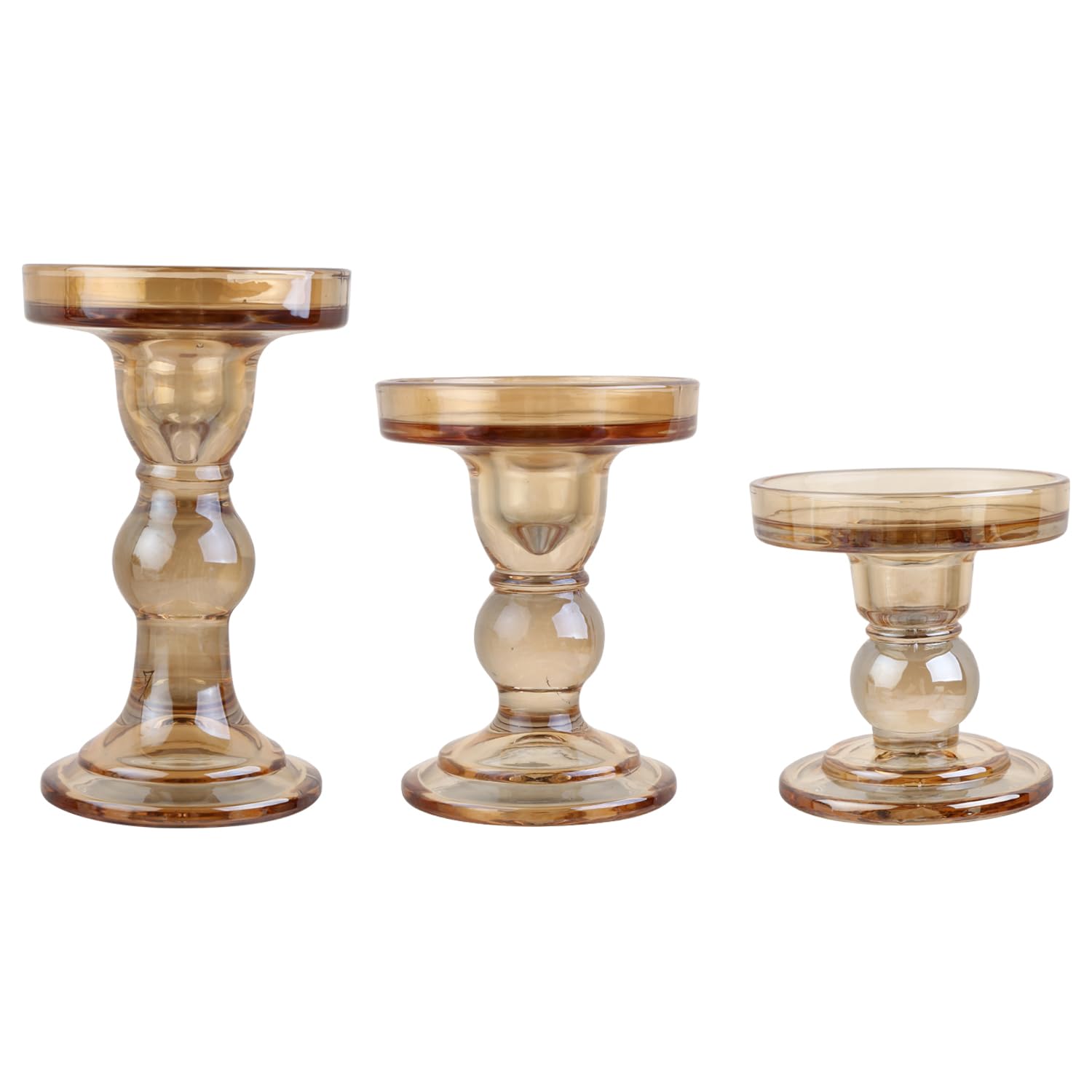 BTGLLAS Glass Candle Holders, 3 Pieces Crystal Clear Candlesticks With Elegant Design for Pillar Taper Candle and Tea light, Home Table Living Room Wedding Party Decorations Home (amber-3pcs)