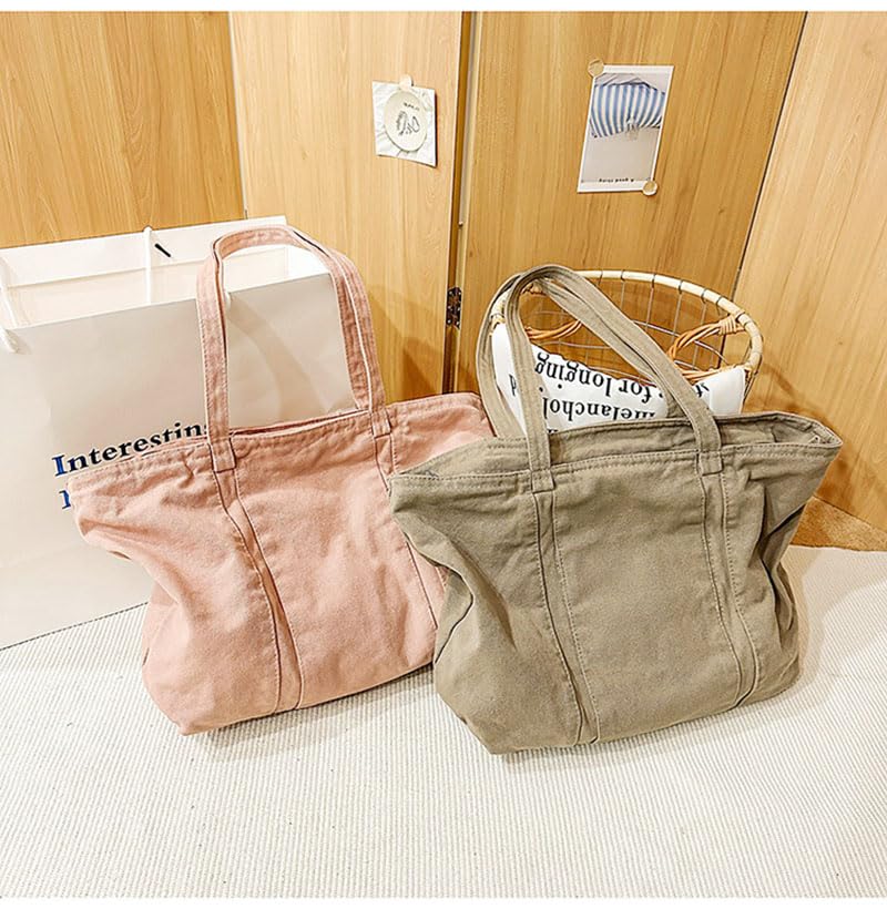 Image of Cotton Tote Handbag Women Canvas Crossbody Beach Bag Hobo Shoulder Tote Bag with 3 External Pocket,Zipper Closure
