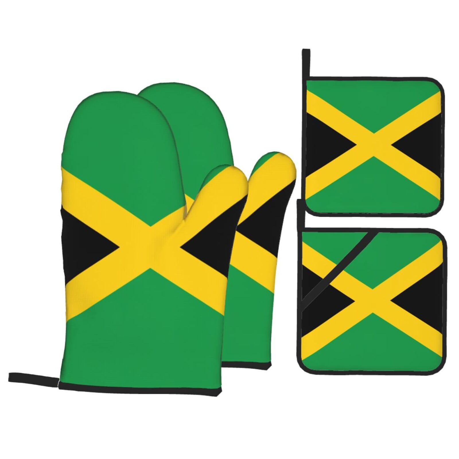 Nimongt Black Flag Of Jamaica Print Heat-Resistant 4-Piece Oven Kitchen Gloves For Baking Cooking Microwaving Essentials