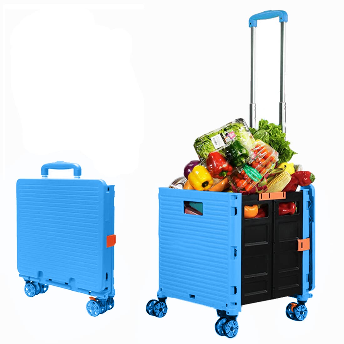 Foldable Utility Cart Folding Portable Rolling Crate Handcart Shopping Trolley Wheel Box with Lid Wear-Resistant Noiseless 360°Rotate Wheel for Travel Shopping Moving Storage Office Use (Sky Blue)