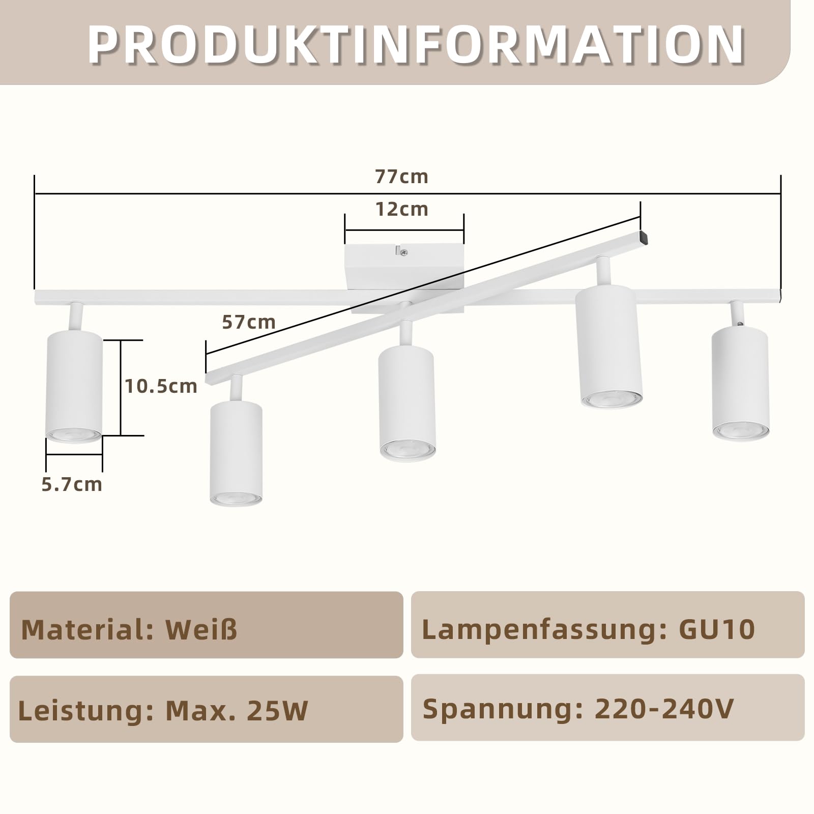 LED Deckenstrahler Weiß Spots Deckenleuchte 5 Flammig Deckenspots | Küche 350°Schwenkbar modern Deckenlampe Strahler Wohnzimmerlampe Industrial für Esszimmer inkl. 6 × GU10 3000K Leuchtmittel