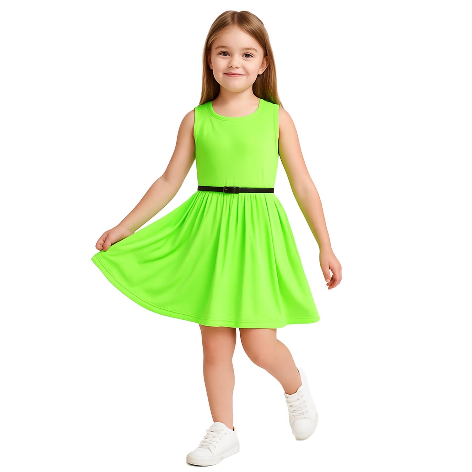 A2z 4 Kids Girls Neon Green Plain Skater Dress Party Fashion Summer Dresses - New Skater Dress 9-10