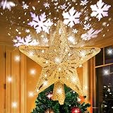 Star Christmas Tree Topper Decorations - Glittering Gold Hollow Tree Topper, Rotating 3D Projector Lamp Design Light White Snowflake for Christmas Tree Ornament Indoor Home Décor by FengRise