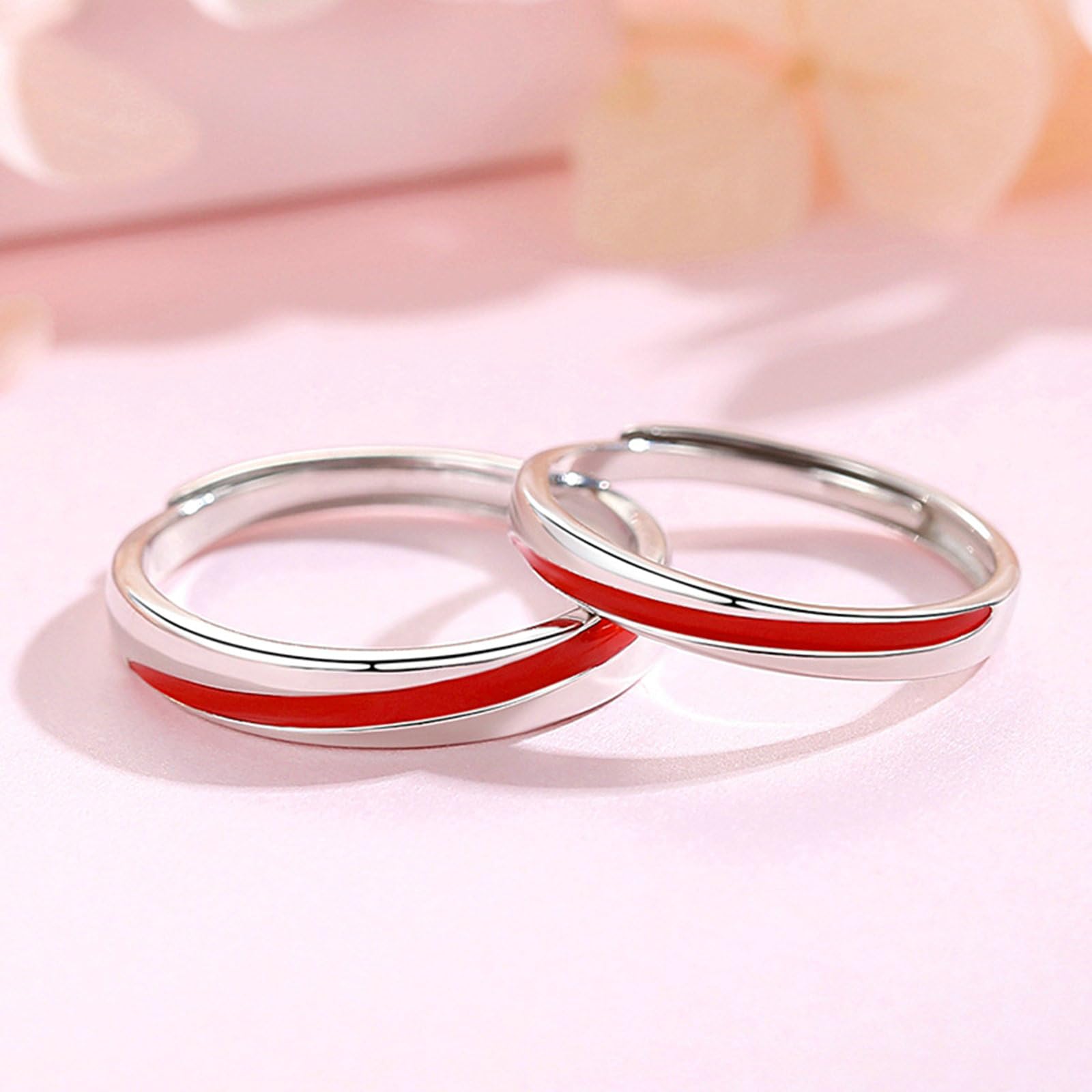 Anello Filo Rosso, Coppia di Anelli in Argento Sterling 925 con Linea Rossa Anello di Fidanzamento Incisione Anello Argento Matrimonio Lui e Lei Regolabile