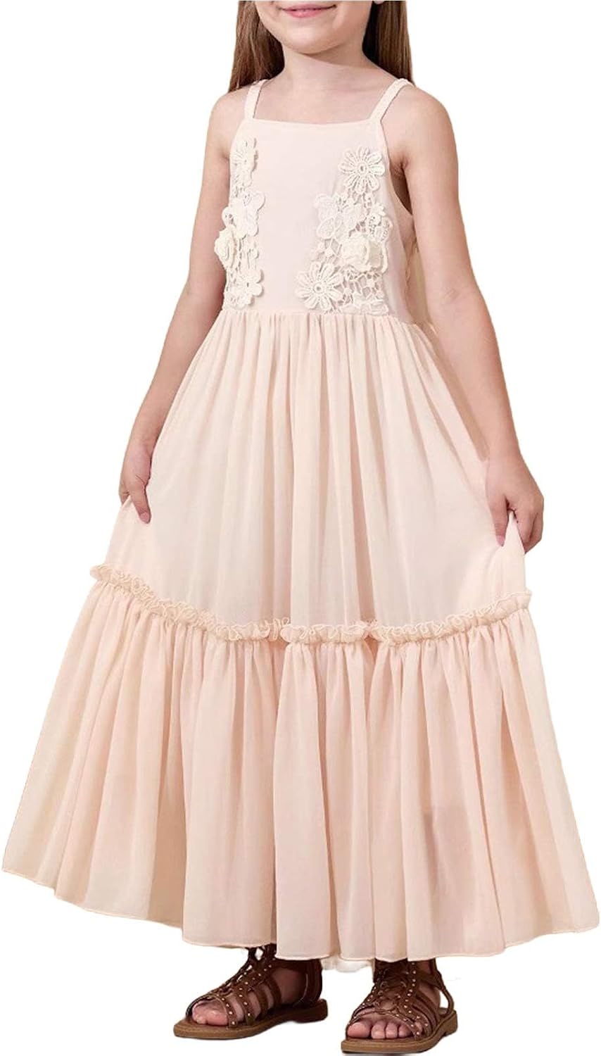 KAGAYD Girls Boho Ruffle Tie Neck Dress Spaghetti Strap A-Line Swing Casual Dress Summer Casual Beach Dresses