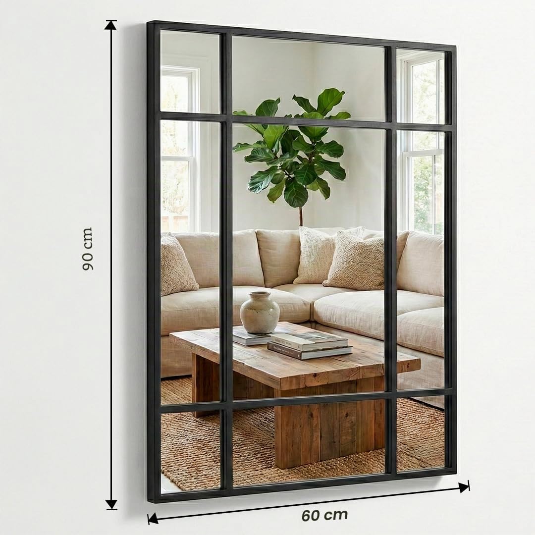 Marctani Miroir de fenêtre mural 90 x 60 cm - Miroir industriel décoratif avec cadre en métal - Design rectangulaire effet fenêtre pour entrée, salon