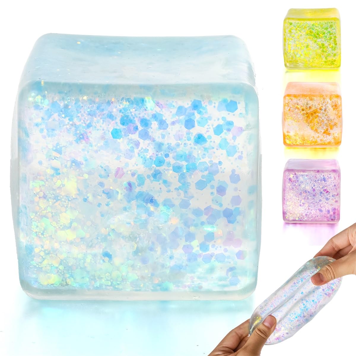 Squishy Stress Cube, Blue Glitter Squeeze Fidget Toy for Anxiety Relief