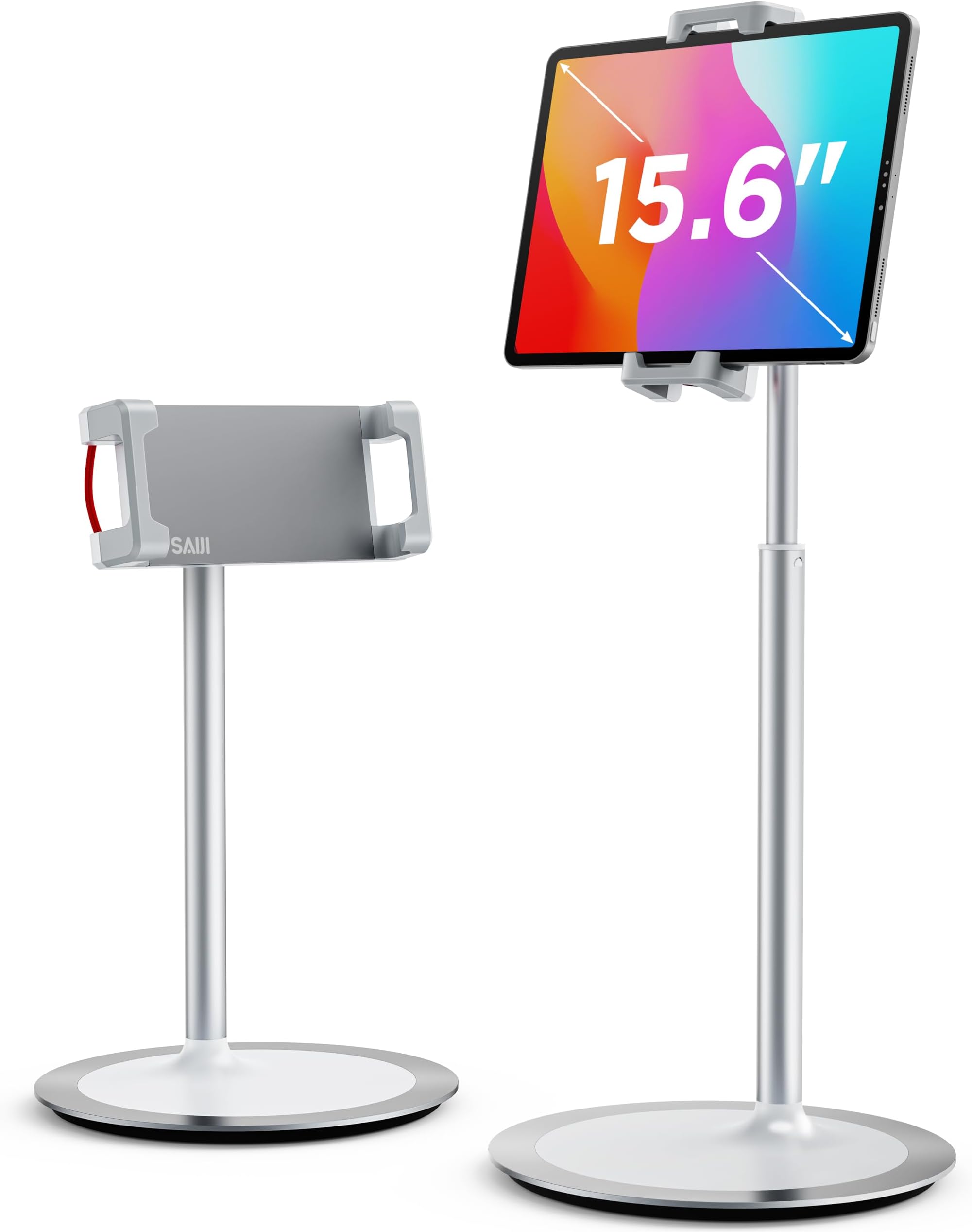 Saiji Tablet Cell Phone Stand Holder, Height Adjustable, 360 Degree Rotating, Aluminum Alloy Cradle Mount Dock for iPhone Samsung, iPad, Nintendo Switch, Kindle, eBook Reader (4-13 inch) (Silver)