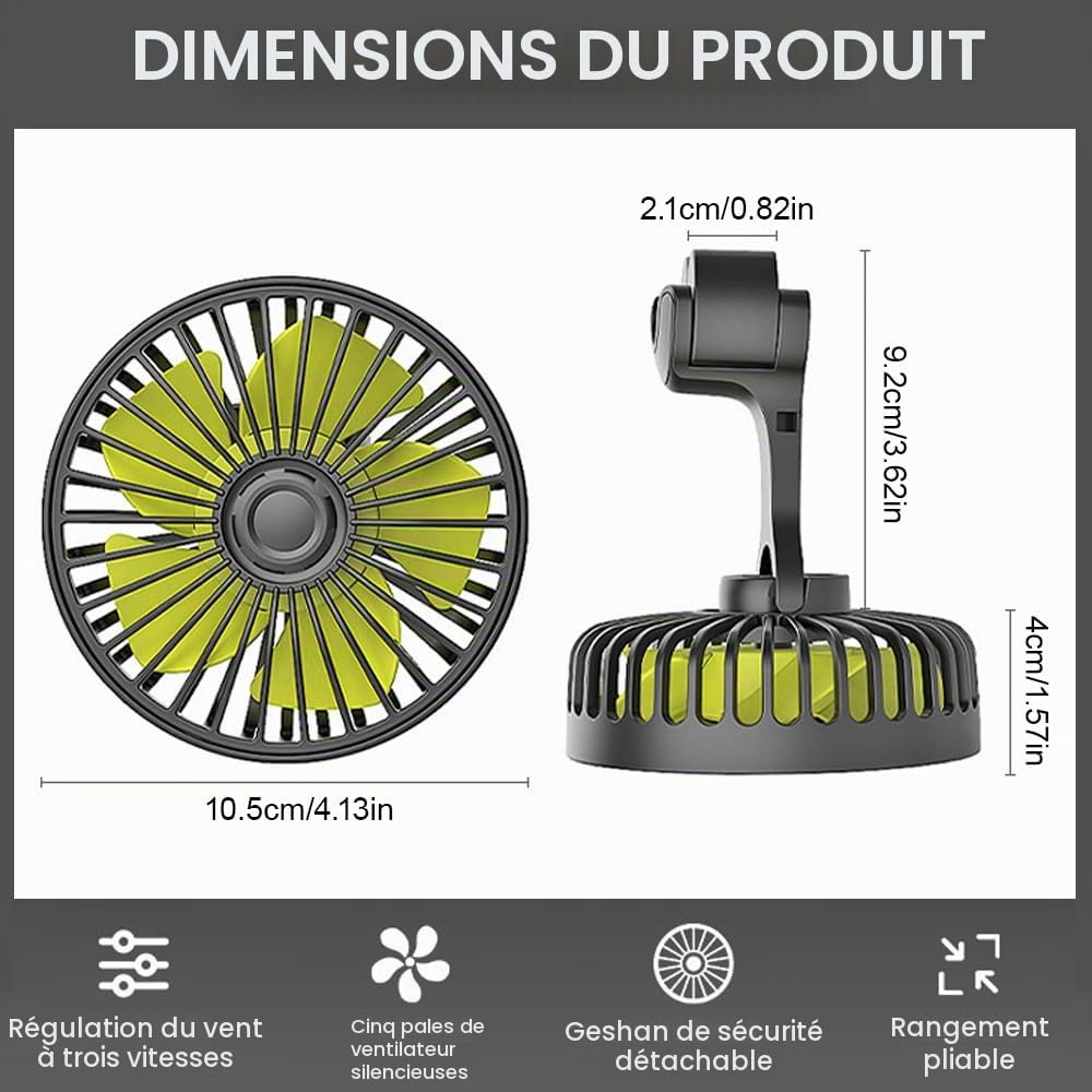 Ventilateur Voiture USB pour Siège Arrière, Refroidissement Silencieux Ventilateur pour Voitures avec 3 Modes de vent fort et Rotation à 360°, pour Voiture, SUV, RV, Camion, Van