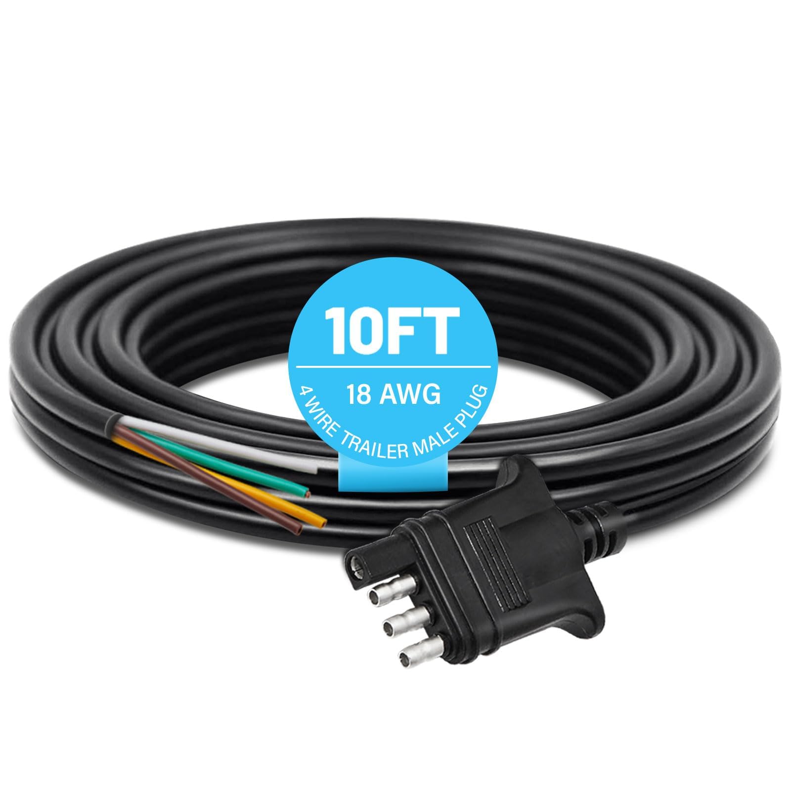 MECMO 4 Way Trailer End Connector Wire 10 Feet with Jacketed Cable, Heavy Duty 18AWG Color-Coded Pure Copper, Trailer-Side Male Connector Trailer Hitch Wiring