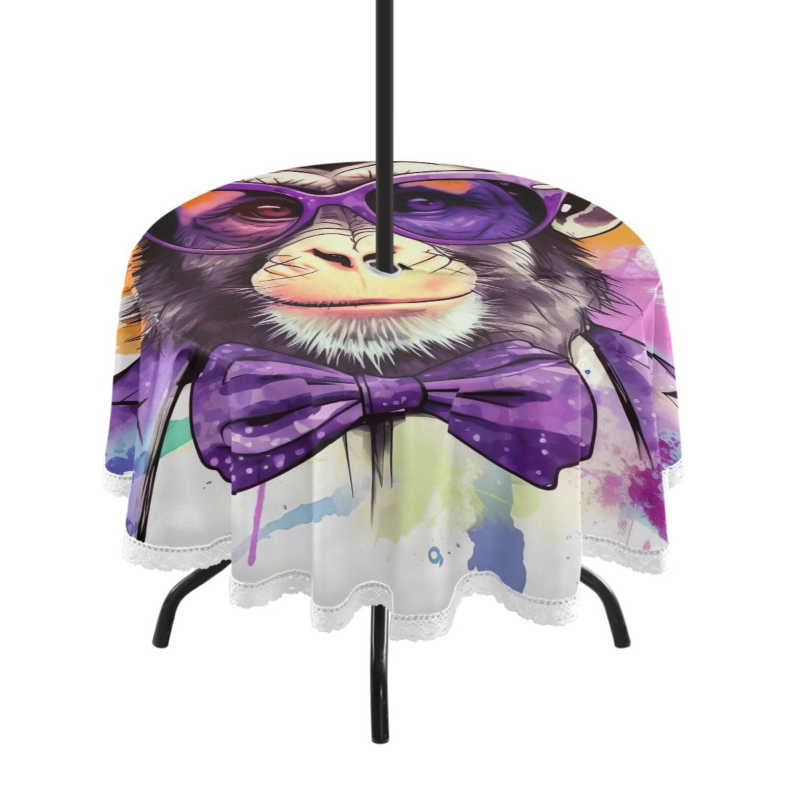 Wajiw 60 Inch Indoor Outdoor Round Tablecloth with Umbrella Hole and Zipper Waterproof Patio Table Cover for Camping Dining Room Party Outdoor Picnic,Monkey