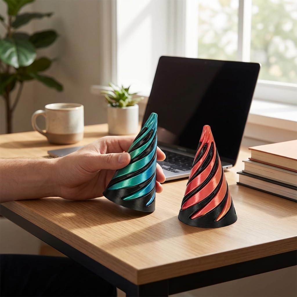 2 Pcs 3D Printed Spiral Cone Fidget Toy,Impossible Pyramid,Spiral Fidgets,Kinetic Desk Toy for Stress Relief&Anxiety Relaxing,Home Office Desk Decoration and Gifts (Black Green+Black Red) - Image 4