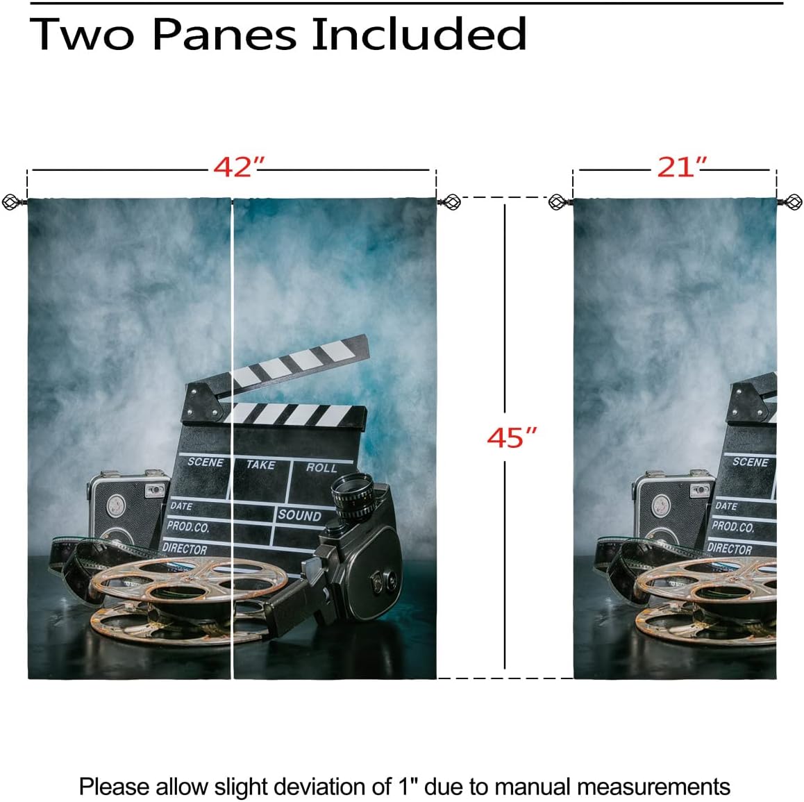 Movie Theater Blackout Curtains for Girls Boy Home Decor, Cinema Film Reel Clapperboard Grommet Thermal Insulated Drapes Darkening Window Curtain for Bedroom Living Room, 42 x 45 Inch